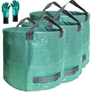 Standard 3-Pack 16 Gallons Yard Garden Bags (D18,H15 inch) W/Gardening Gloves, Reusable Leaf Bags,Grass Clippings,Lawn Debris Bag,Laundry Container,Patio Trash Bin,Yard Waste Bags,Weeds Bag 4 handles