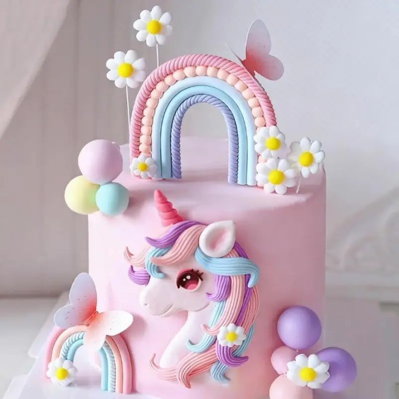 15-Piece Unicorn Cake Decor Set, Cake Decorating Supplies, Rainbow Cake Toppers, Soft Clay Baking Decor, Butterfly Design, Perfect for Birthday, Baptism, Wedding Cakes