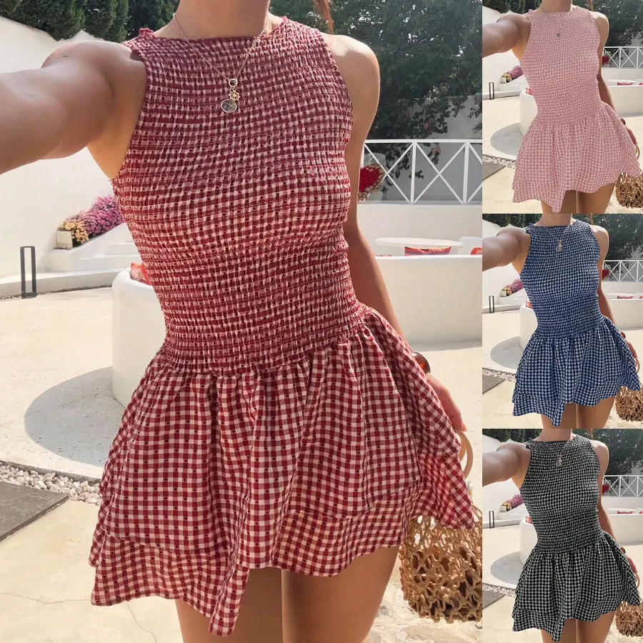 Women's Summer Gingham Smocked Sleeveless High-Waist Flared Mini Dress - Elastic, Breathable, Elegant Tiered Ruffle Skater Dress for Cottagecore Boho Picnic Outfits, Red Checkered Sundress Piece