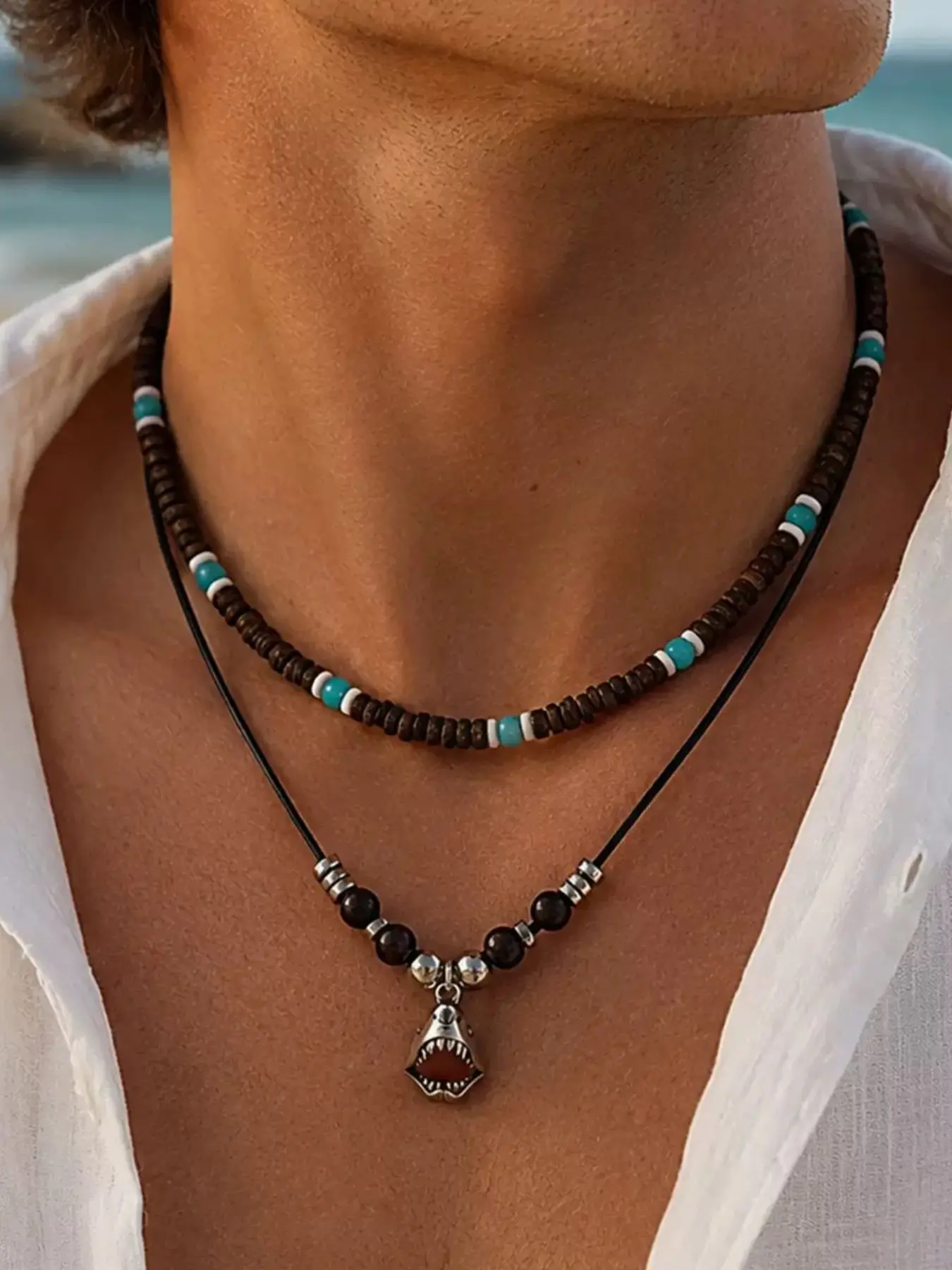 New Coconut Shell Necklace for Men, Hip Hop Style, Unique Beach Vacation Look, Tooth Pendant, Collarbone Chain, Fashion Jewelry