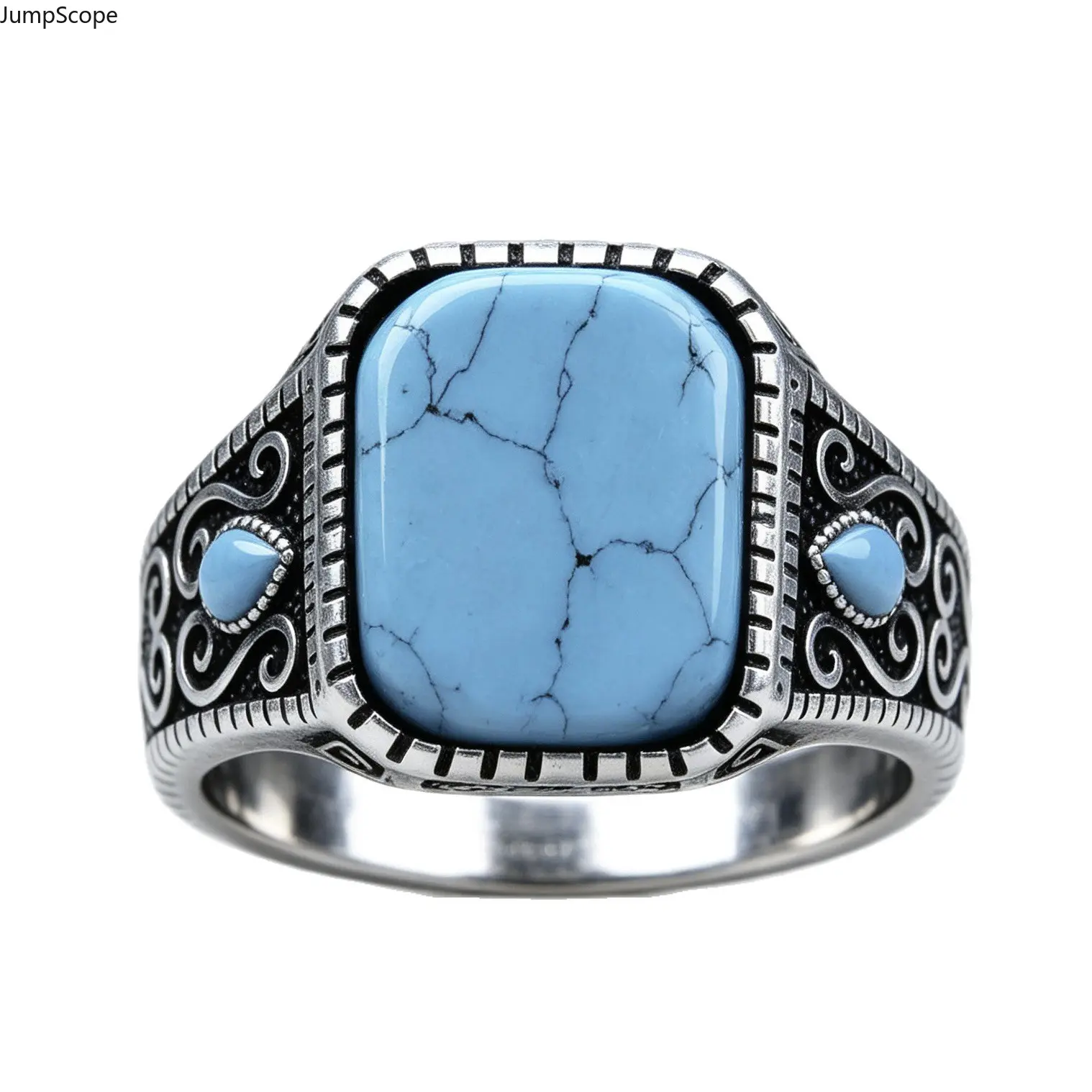 Vintage Oxidized Finish Silver Men's Signet Ring - Wide Band, Rectangle Cracked Stone Blue Turquoise, Swirl Scroll Carved, Retro Look Southwest Western Cowboy Statement Jewelry for Street Outdoor Use, Streetwear