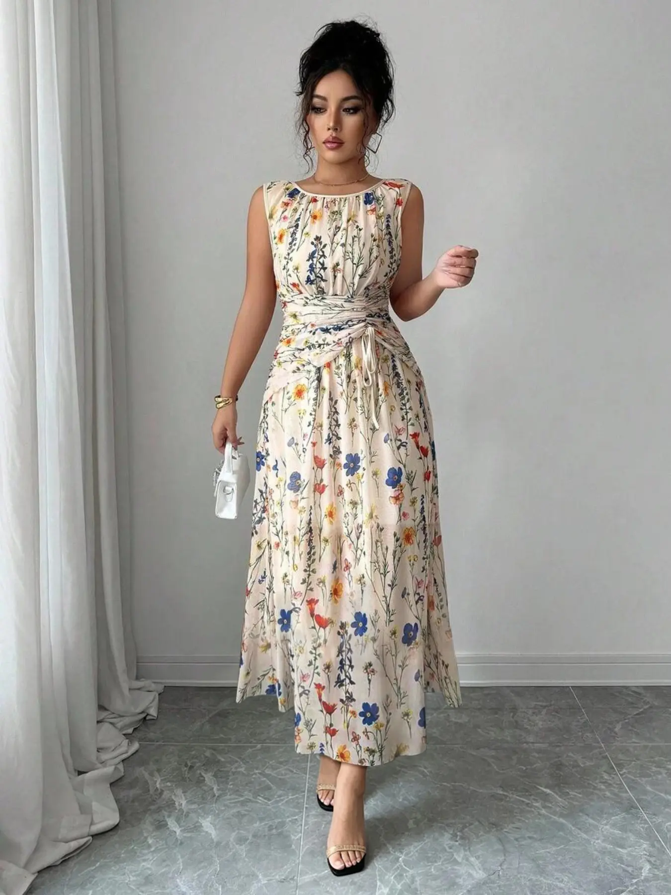 Women's Elegant Boho Floral Print Lightweight Mesh A-Line Dress, Sleeveless Adjustable Drawstring Design Long Party Gown, Comfortable Office Wear, Chic Evening Dress, Versatile Daily Wear