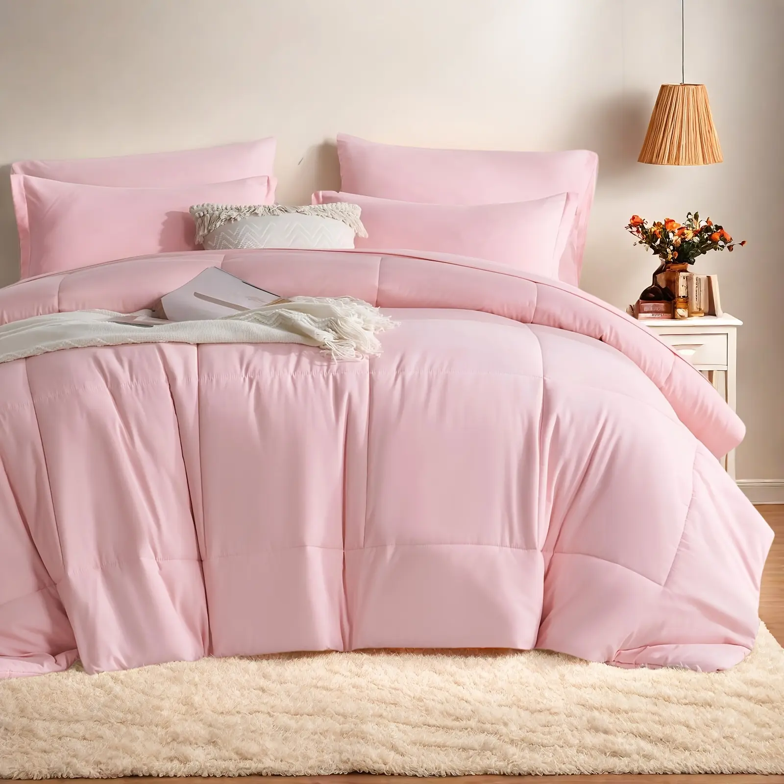 5/7 Pcs Solid Color Comforter Set, Stain-Proof Soft Lightweight Microfiber Bed in A Bag, Available in Twin/Full/Queen/King Sizes for All Seasons, 100% Microfiber Cover Polyester Filling, Perfect Gifts for Family
