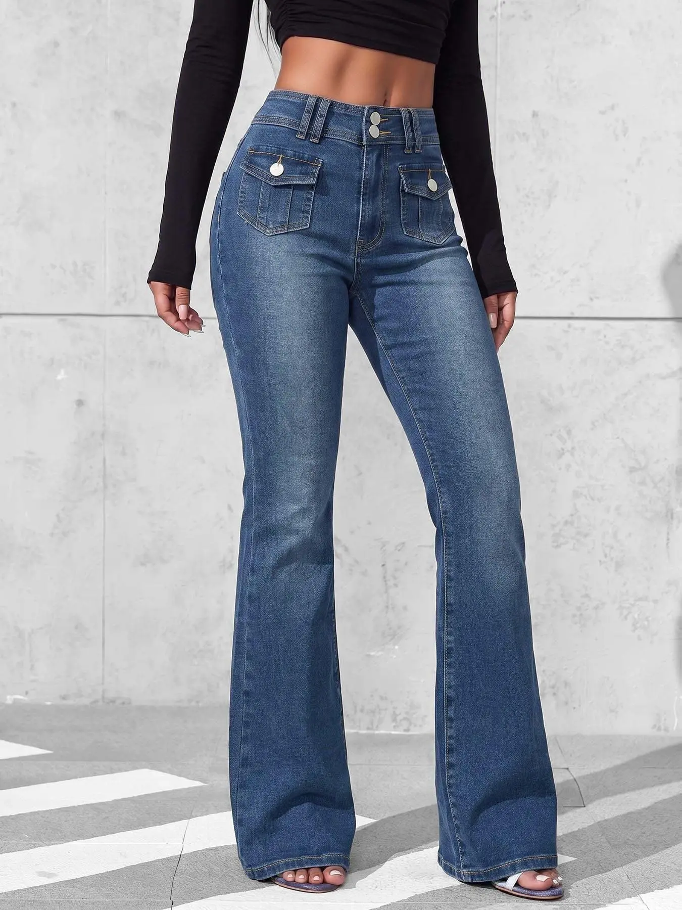 Vintage Flip Pocket Women's Bell Bottom Jeans, Dual Button Mid-Waist Slim Fit Micro Flare Workwear Denim Jeans, Casual Pants