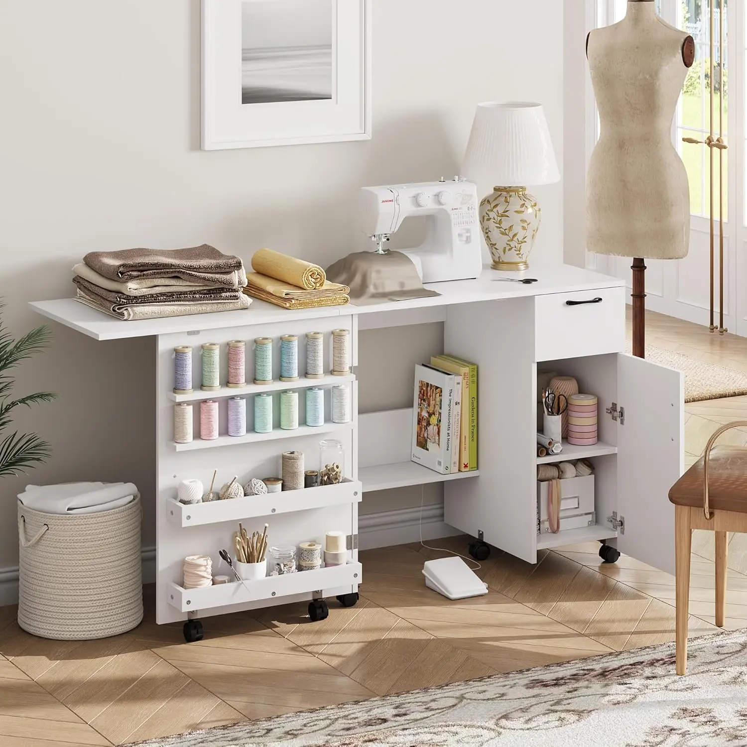 Folding Sewing Machine Table with Storage Shelves & Sliding Drawer – Sewing Cabinet for Small Spaces, Craft Room Organization with Lockable Wheels, Sewing Desk for Home