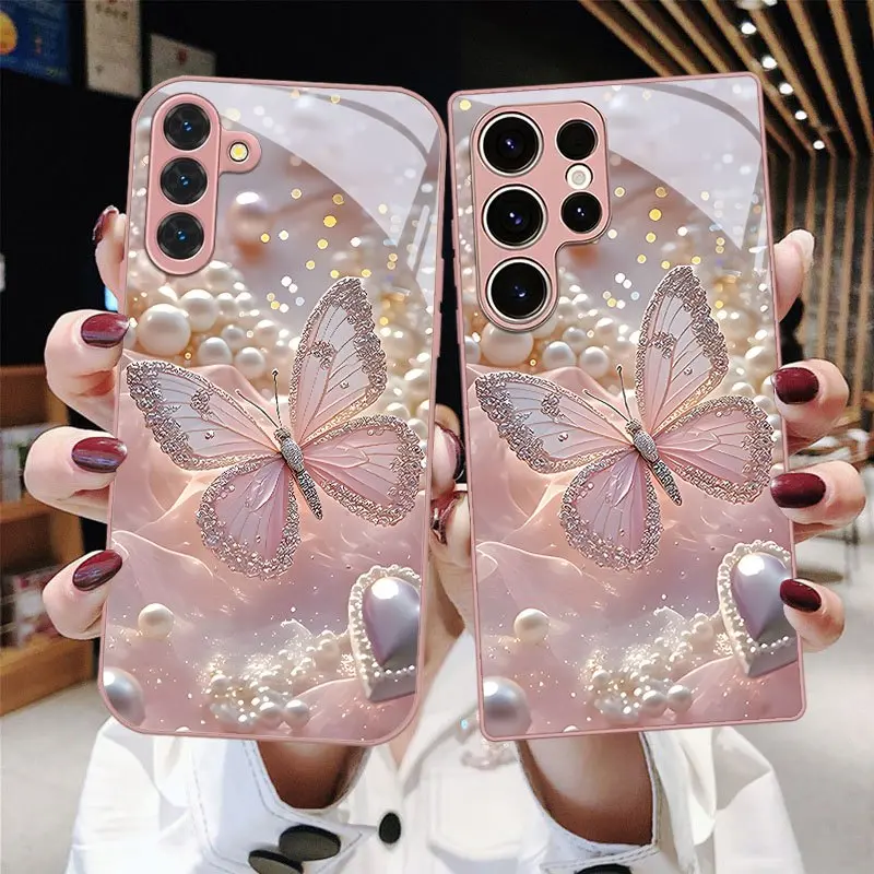 Pink butterfly exquisite print pattern glass phone case, suitable for Samsung Galaxy A14 A15 A16 A23 A25 A26 A32 A54 NOTE20 S20/S21/S22/S23/S24/S25 FE/Plus/Ultra