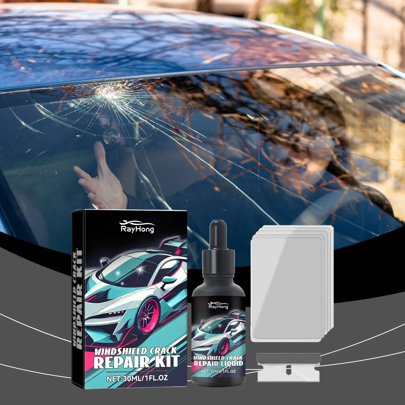 Car Windshield Repair Kit, Front Windshield Fixing Liquid Set, Cracked Windshield Repair Kit, Quick Crack Repair, Easy Application, Durable Solution