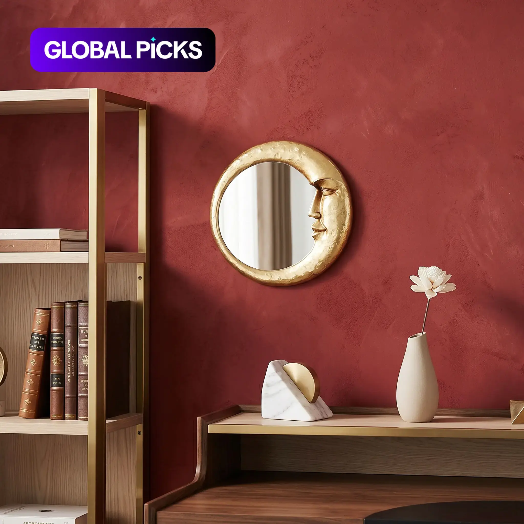 Round Wall Mirror with Moon and Face Design, Resin Wall-Mounted Home Decorative Mirror for Living Room and Bedroom #GLOBAL PICKS
