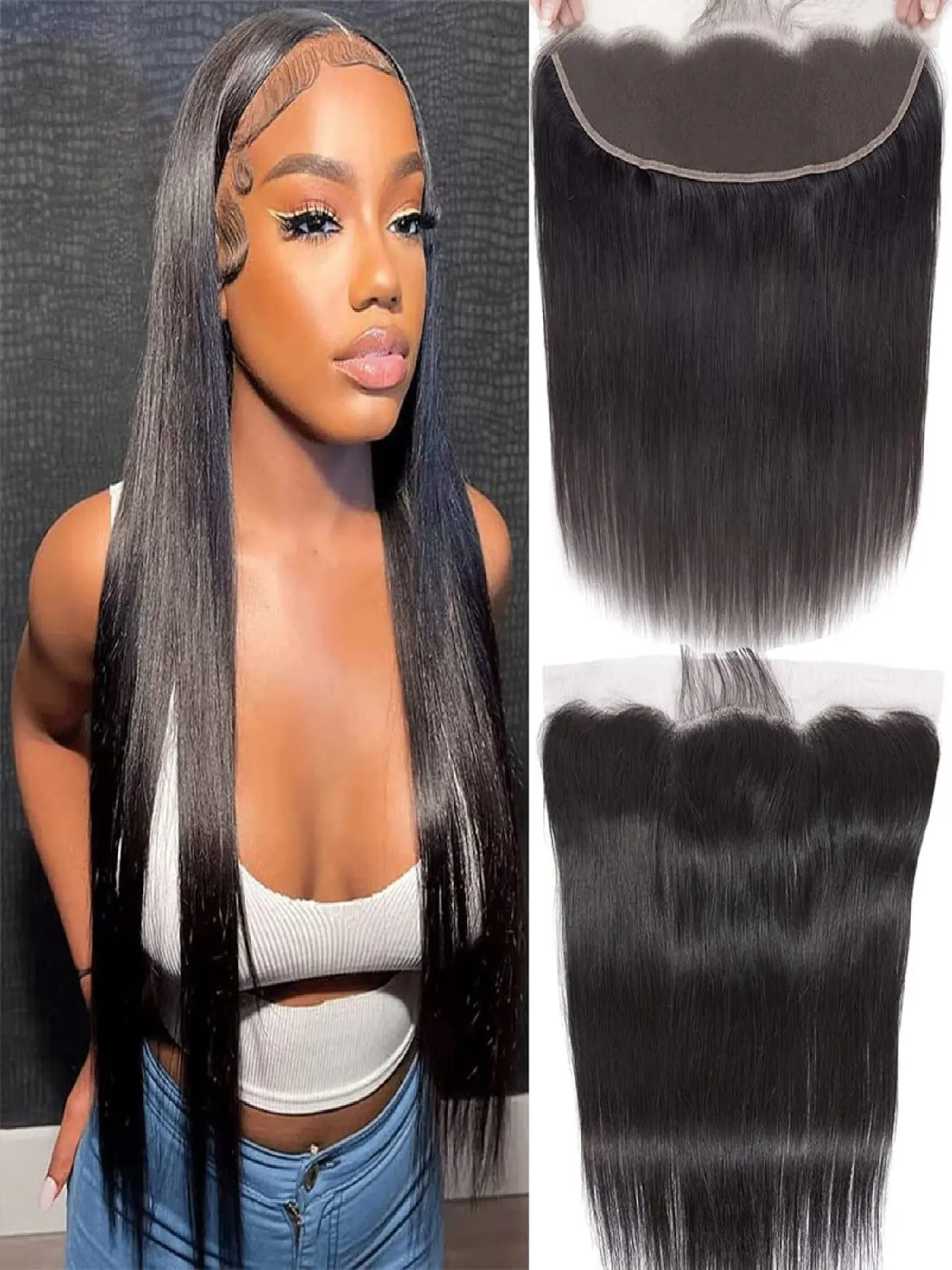 13x4 Full Lace Frontal Human Hair, Transparent Lace Closure, Straight Brazilian Hair for Women, Pre-Plucked with Natural Hairline
