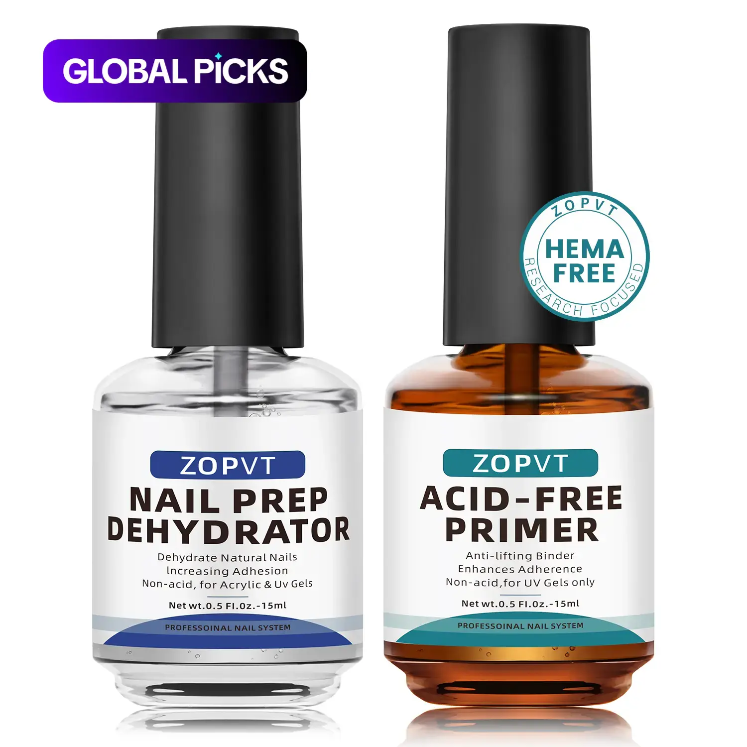 Acid-Free Nail Primer and Nail Dehydrator for Acrylic and UV Gels, 2 Pcs/Set Fast-Drying Nail Art Primer Base Coat, Professional Nail Art Supplies Nail Care for Women and Girls #GLOBAL PICKS