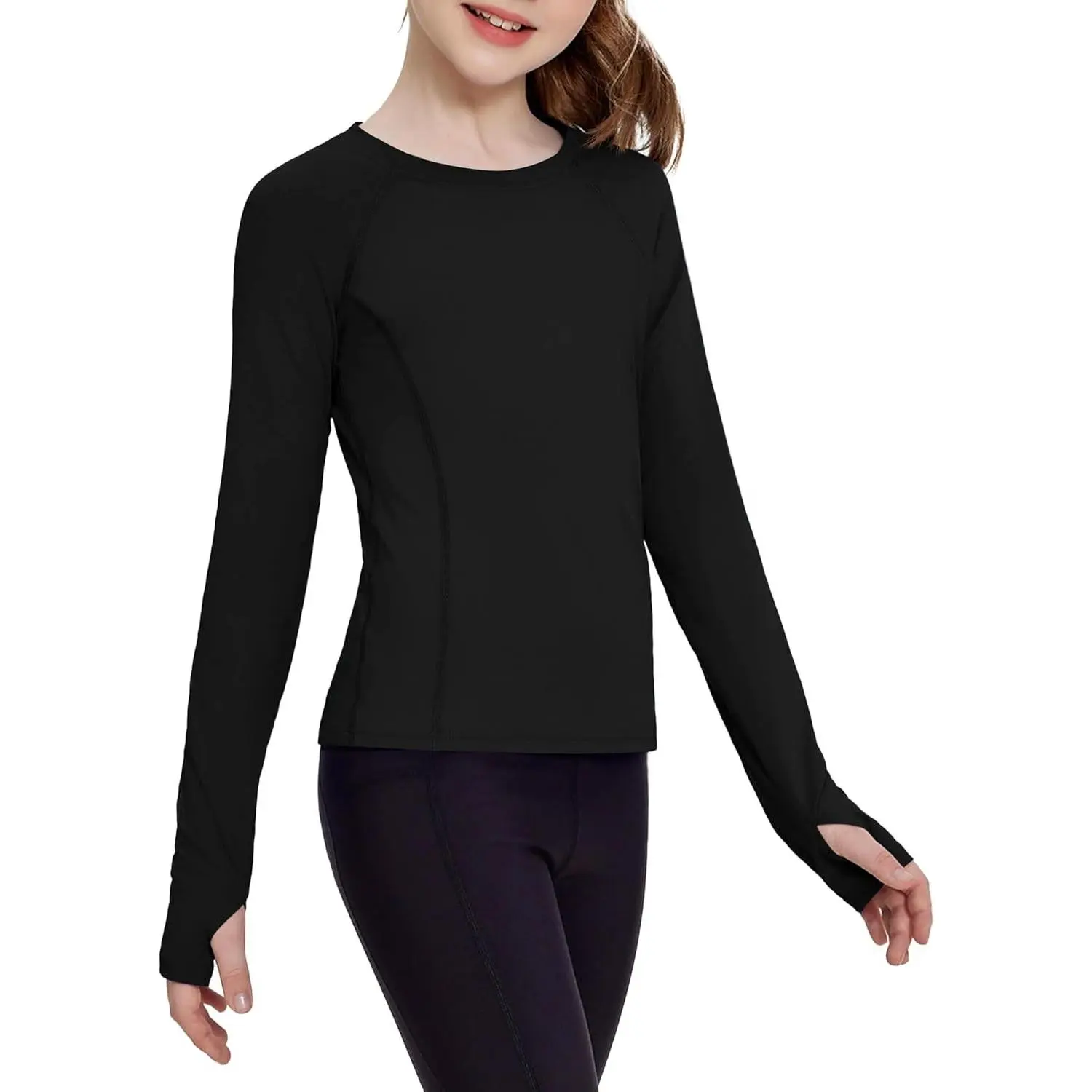 Girls Long Sleeve Shirts with Thumb Holes Kids Athletic Top Tees | Quick Dry, Workout, Sport, Gym, Yoga, Slim Fit, Performance Clothes, Lightweight, Sun Protection, Great Stretchy