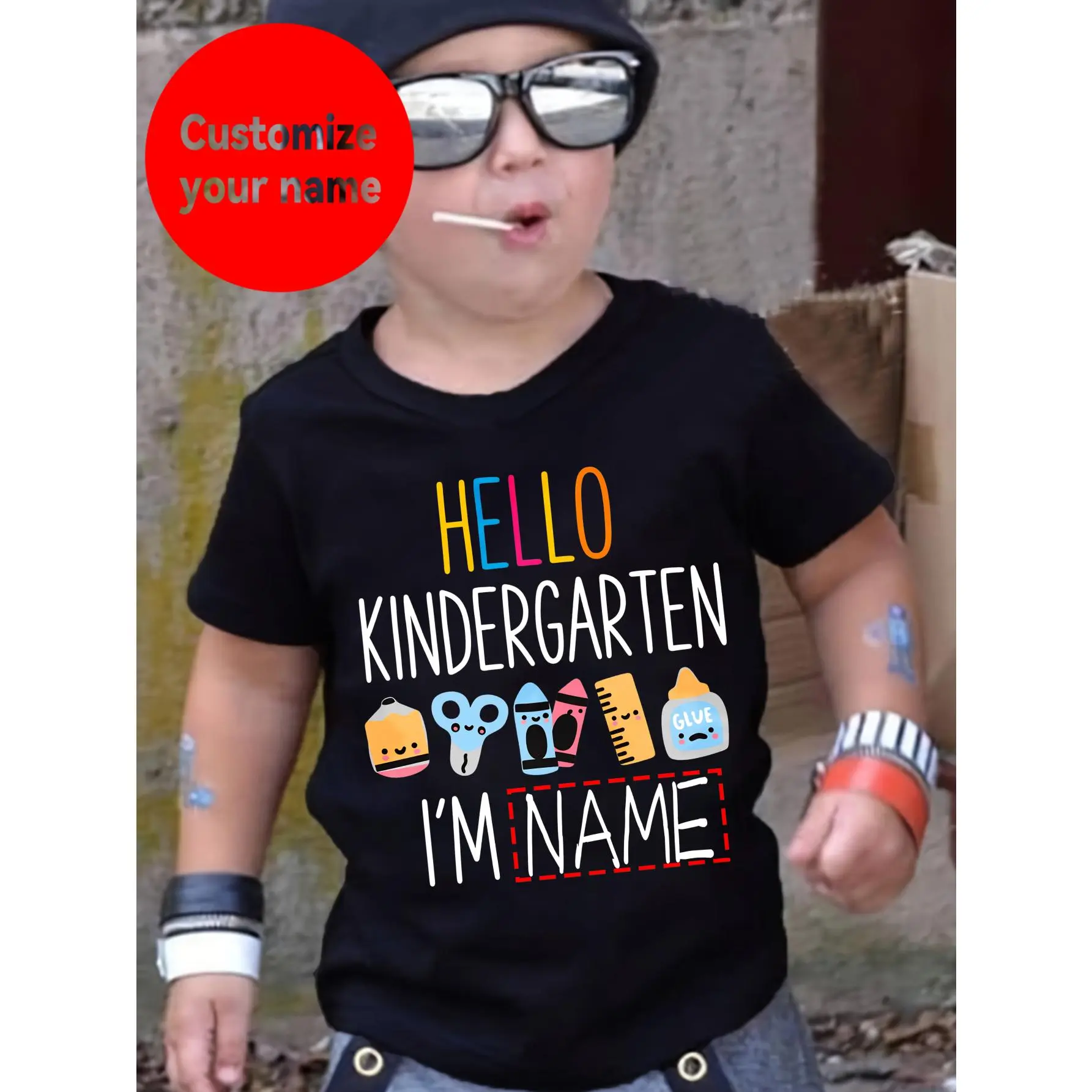 1PC New Year'S Boys' T-Shirt Name Customization Hello Kindergarten, My Name Is Alphabet Cartoon Stationery Pattern Printed Loose And Comfortable Round Neck Short Sleeve Gift Top Suitable for Outdoor Spring And Summer Bottom Can Be Wearing Trendy Items