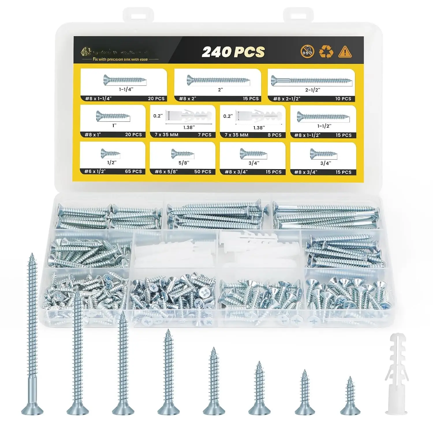 Screws  Kit,  240 count High Hardness Flat   Screws Set, Phillips Drive  Screws, Contain 15 count Anchors and 8 Size (2-1/2”,2”,1-1/2”,1-1/4”,1”,3/4”,5/8”,1/2”), Zinc