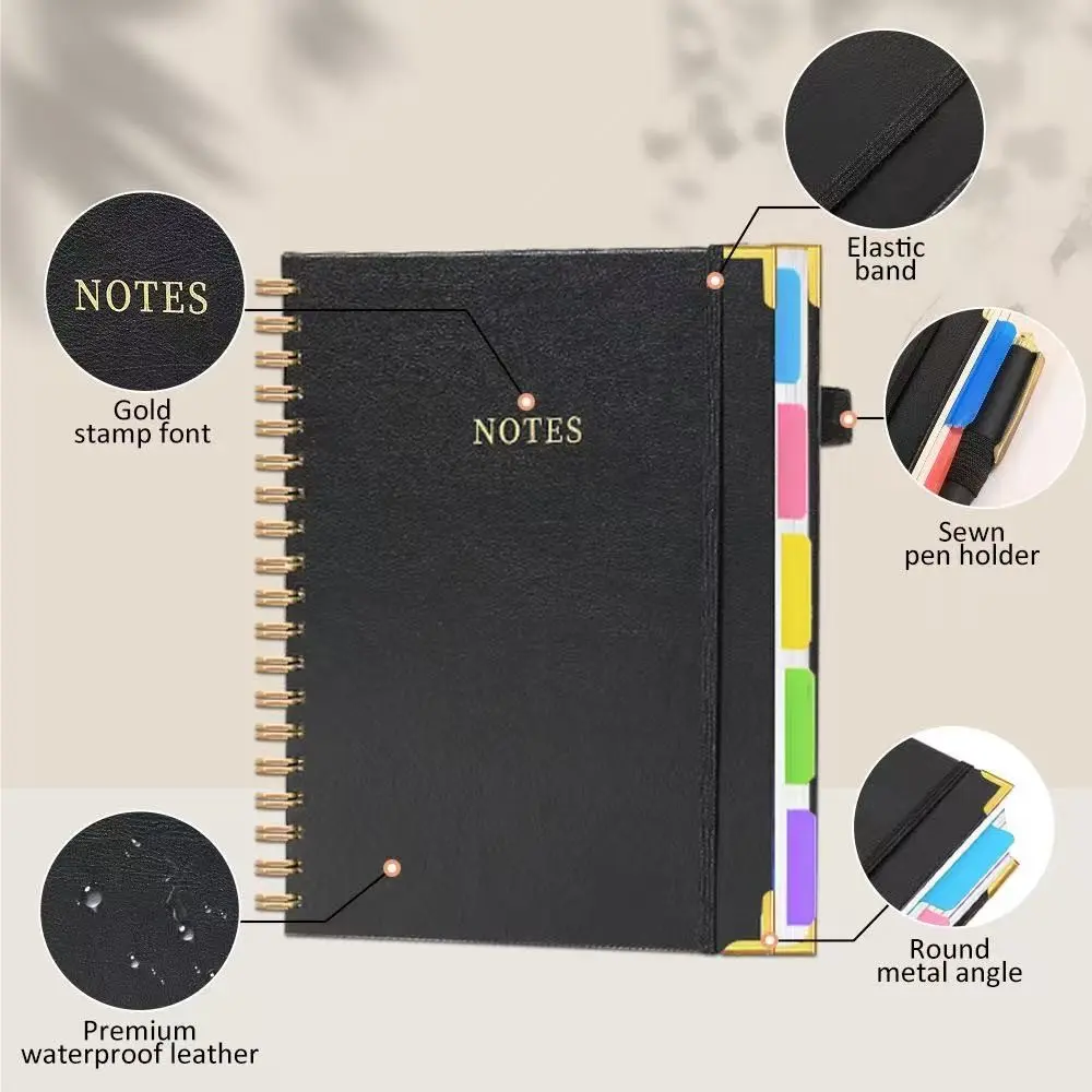 Colorful Index Notebook, Thick 300 Pages, PU Leather Coil Binder, 180° Lay Flat, Removable Page Tabs, Metal Corner Protectors, Pen Holder, Notebook Journal