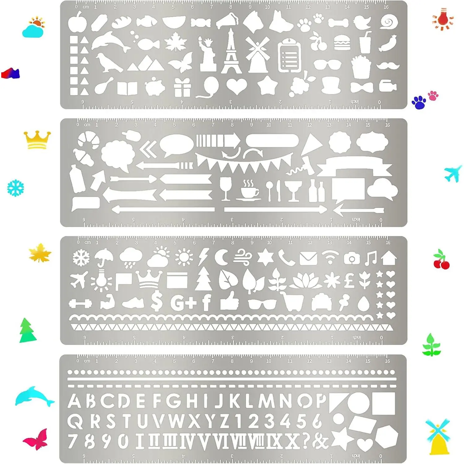 4 count Stencils Metal Journal Template 7.1 x 2.3 Inch Bookmark Ruler School Supplies Stainless Steel Stencils Set for DIY, Engraving, Painting, Scrapbooking(Geometry Style)