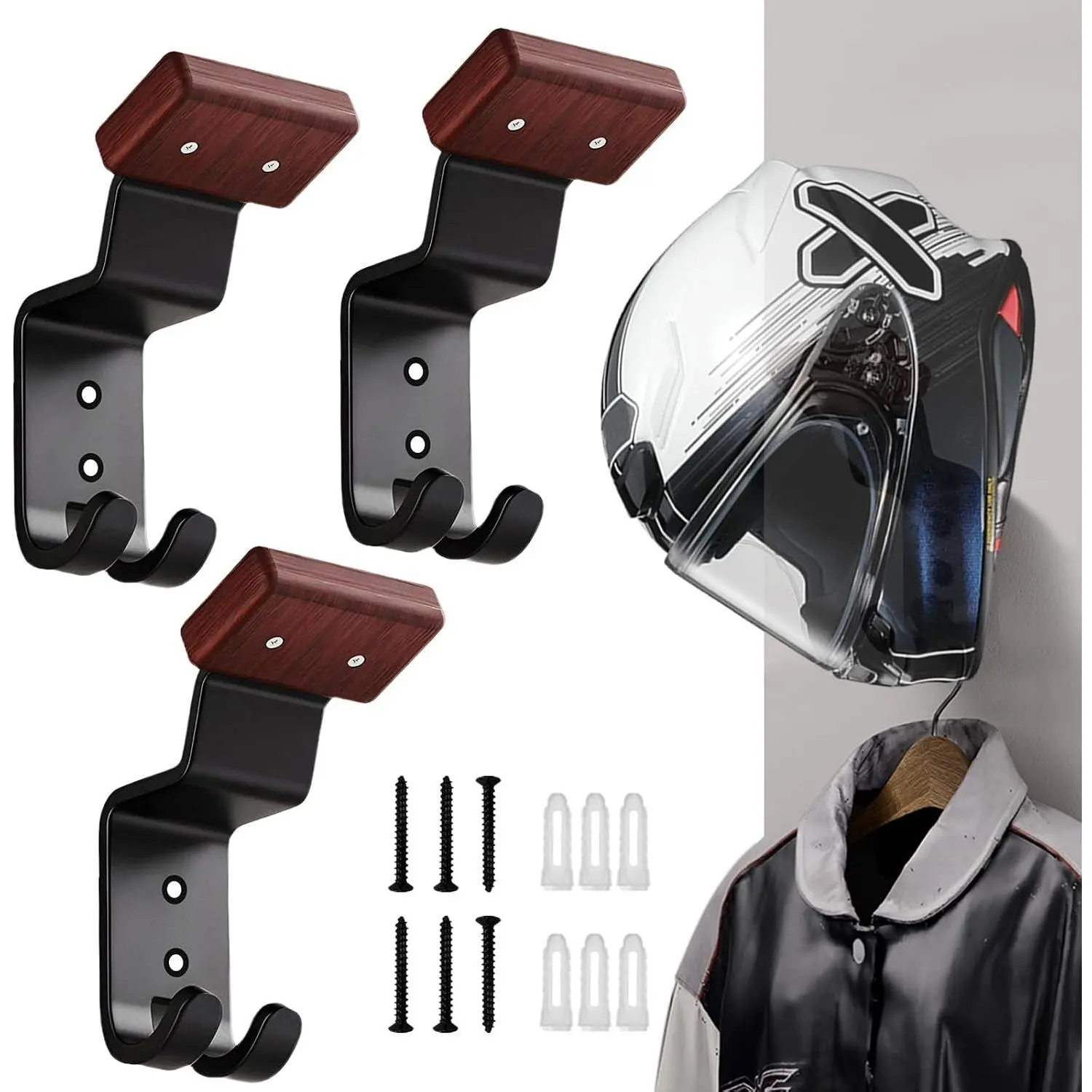 Motorcycle Helmet Holder Wall Mount - Heavy Duty Helmet Hanger Rack with 2 Key Hooks, Solid Wood & Strong Steel Design for Bike, Football, Skiing Sports Gear, Jackets & HatsGift