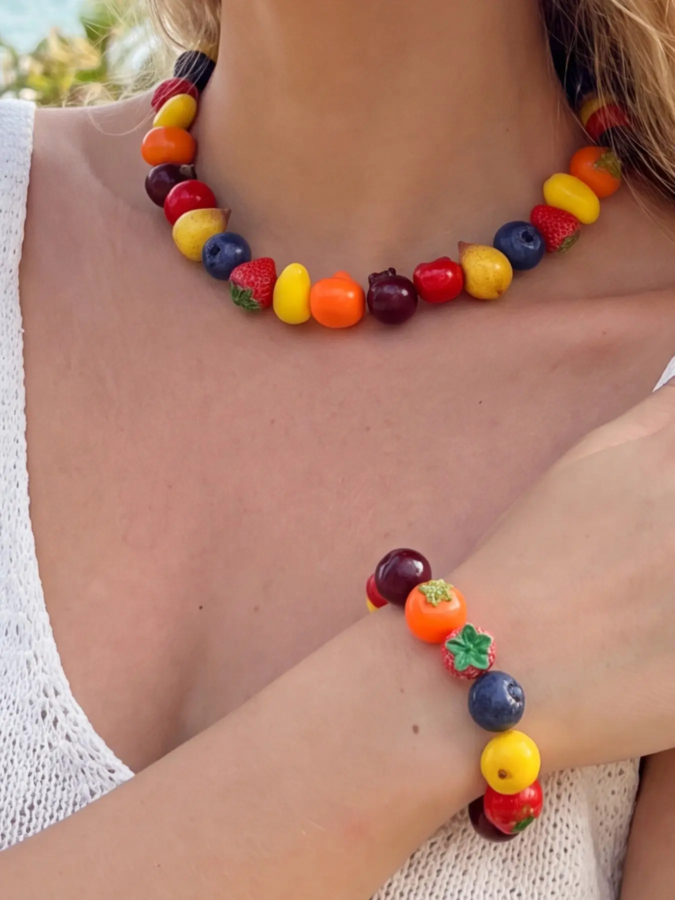 Dopamine Summer Fruit Beaded Jewelry Set, Strawberry Blueberry Tomato Bead Necklace Bracelet, Elegant Beach Picnic Accessory for Women