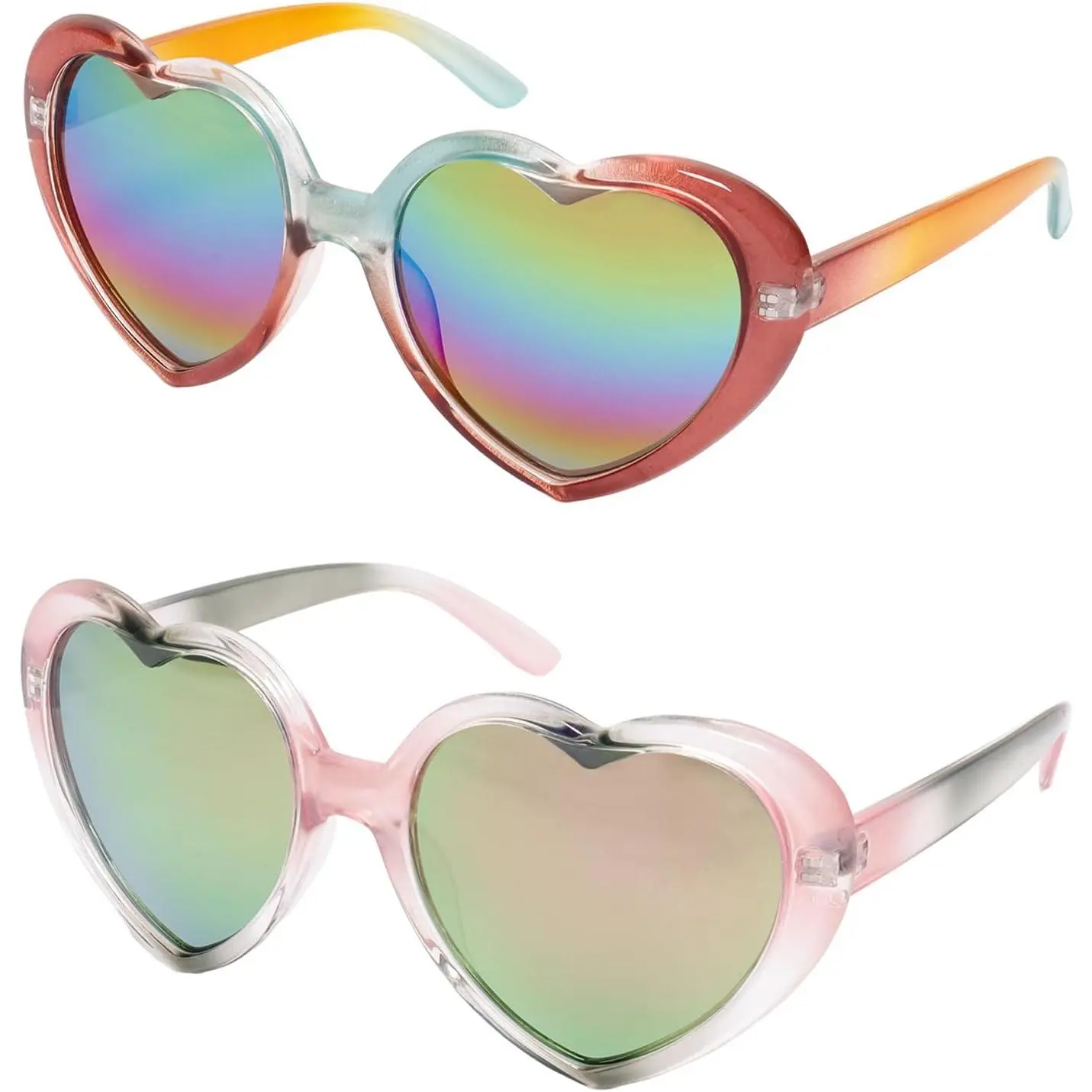Women's Retro Heart-Shaped Sunglasses, 2-Pack Full-Frame with Rainbow Mirror Lenses, Lightweight Eyewear for Party, Festival