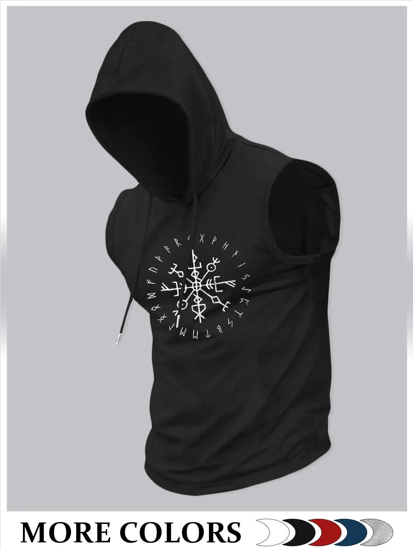 Men Drawstring Hooded Sleeveless Workout Tank Top Vintage Chalk Vegvisir Viking Compass Rune Circle Graphic Nordic Pagan Breathable Dark Aesthetic Streetwear Athletic Training Vest Multiple Colors