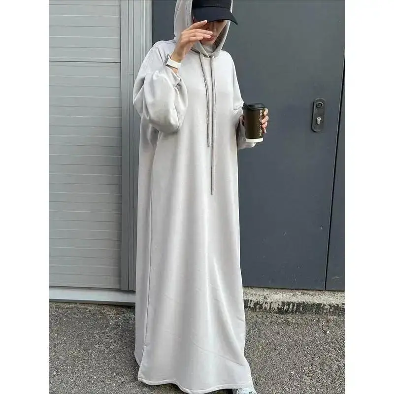 Women's Casual Abaya Hooded Dress - Plain, Loose, Long Sleeve Modest Islamic Kaftan, Ramadan-Ready for Eid Prayer Wear, Muslim Clothing Set