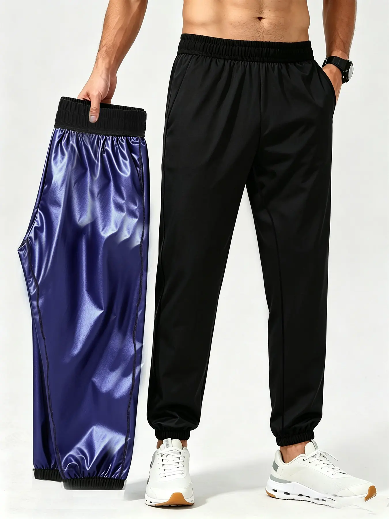 Men's Sauna Compression Joggers, Athletic Training Sweat Pants for Gym Boxing, Elastic Waist, Long Fit, & Blue, Sizes S-Xxxl