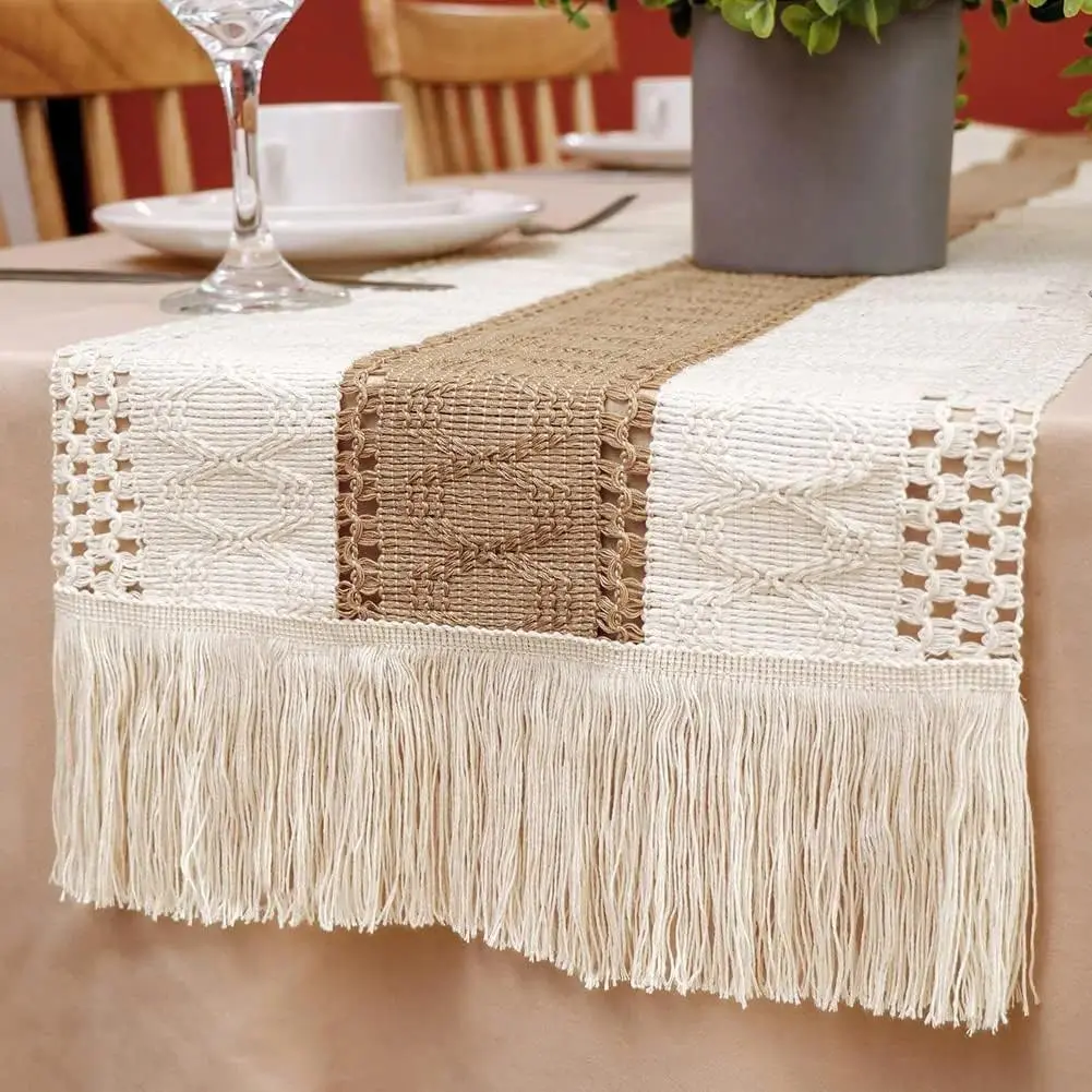 2026 New Boho Burlap Macrame Table Runner - Handmade Craft, 72x12in & 108in Hand-Woven Cotton Linen, Rustic Farmhouse Style with Hollow Stripes & Tasseled Ends, Indoor Home Decor & Birthday Gift (Bag Accessory Charm), Boho Farmhouse, Macramé Weave, Party,