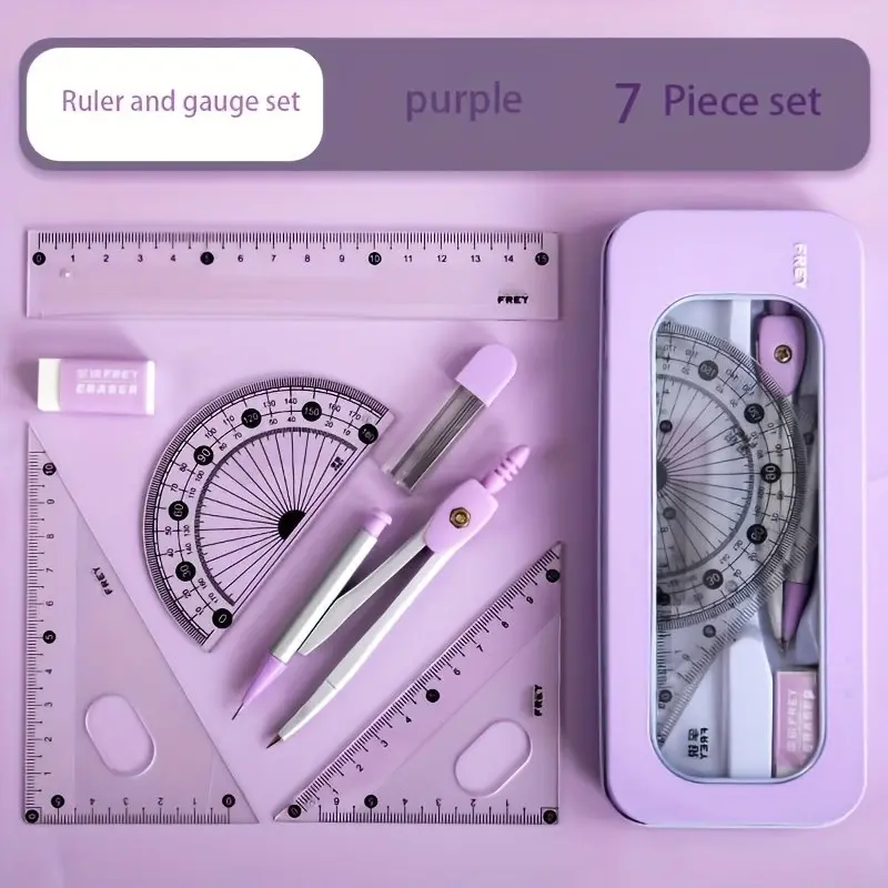 Durable 7-In-1 Measurement and Drawing Tool Set, Ideal for Students and Professionals, Includes Compass, Protractor, Ruler, Eraser