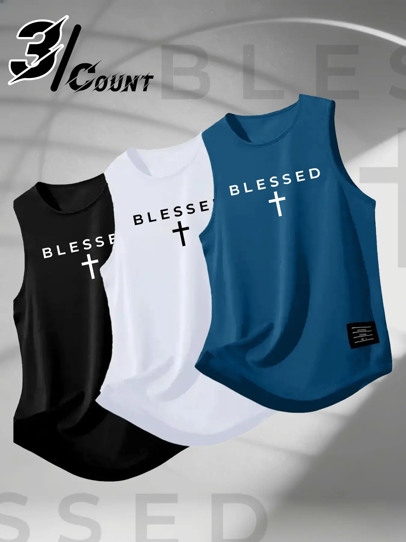 3 Pack Men Crew Neck Sleeveless Tank Tops BLESSED Simple Cross Faith Graphic Breathable Quick Dry Athletic Gym Training Casual Religious Vests