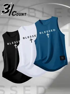 3 Pack Men Crew Neck Sleeveless Tank Tops BLESSED Simple Cross Faith Graphic Breathable Quick Dry Athletic Gym Training Casual Religious Vests