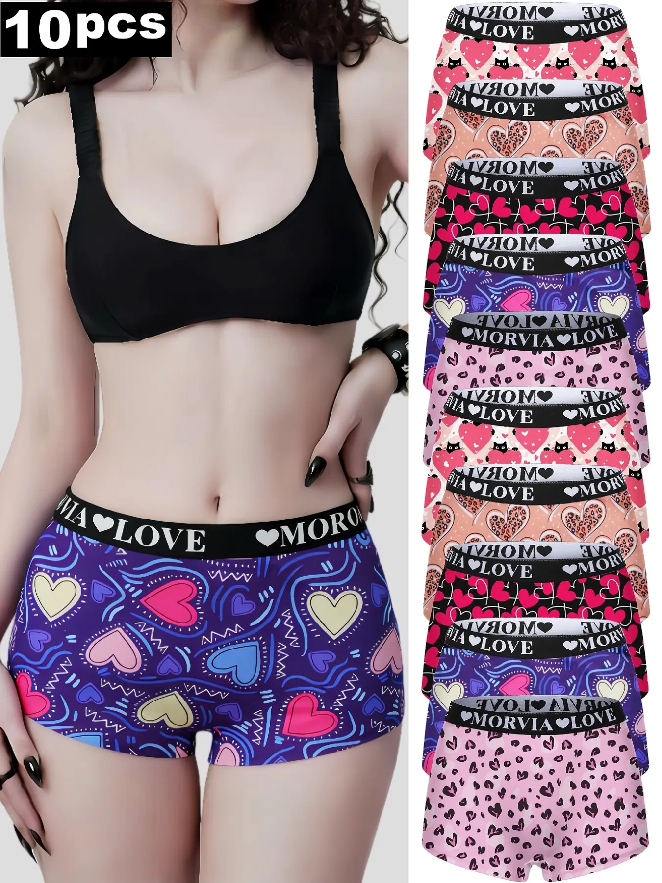 10-Pack Women Boyshort Underwear, Casual Everyday Panties, Elastic Letter Print Waistband Cute Heart & Leopard Pattern Boxer Briefs, Casual Ladies Boxers