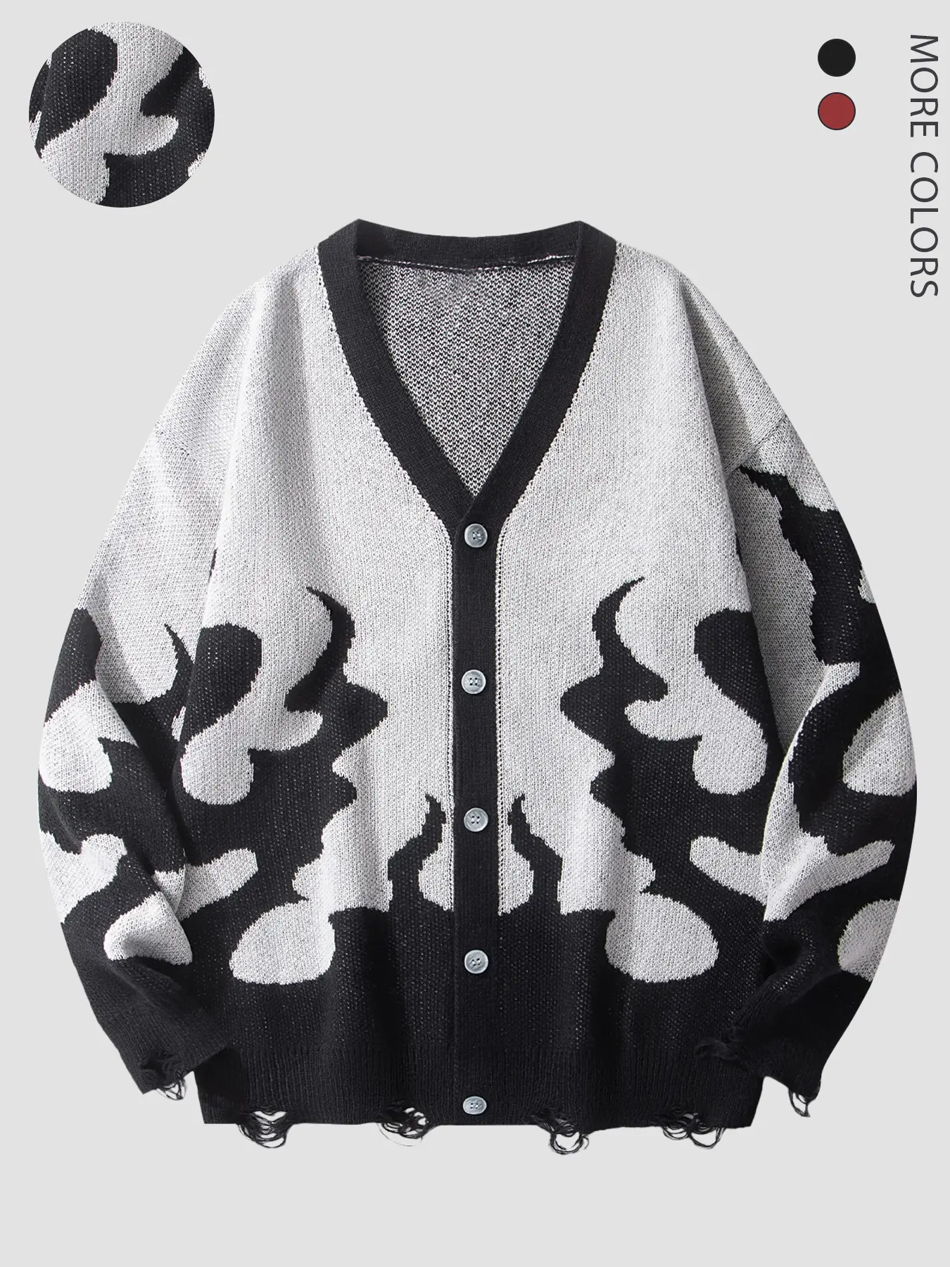 Autumn Winter Unisex V-Neck Knit Cardigan, Retro Flame Pattern Button Sweater, Loose Streetwear Casual Style, Halloween Theme, Available in 2 Colors