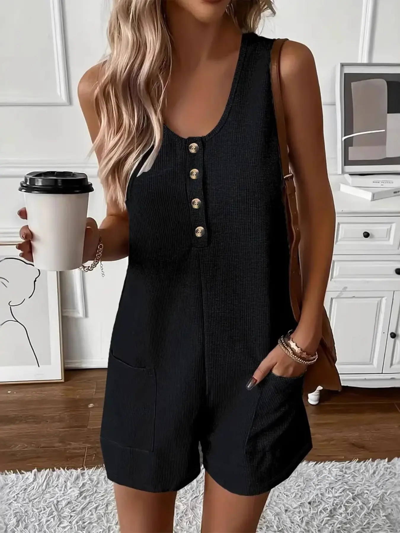 2026 Summer Casual Romper Sleeveless Waffle Knit Jumpsuit for Women, Soft Stretch One Piece with Pockets, Button Front Design