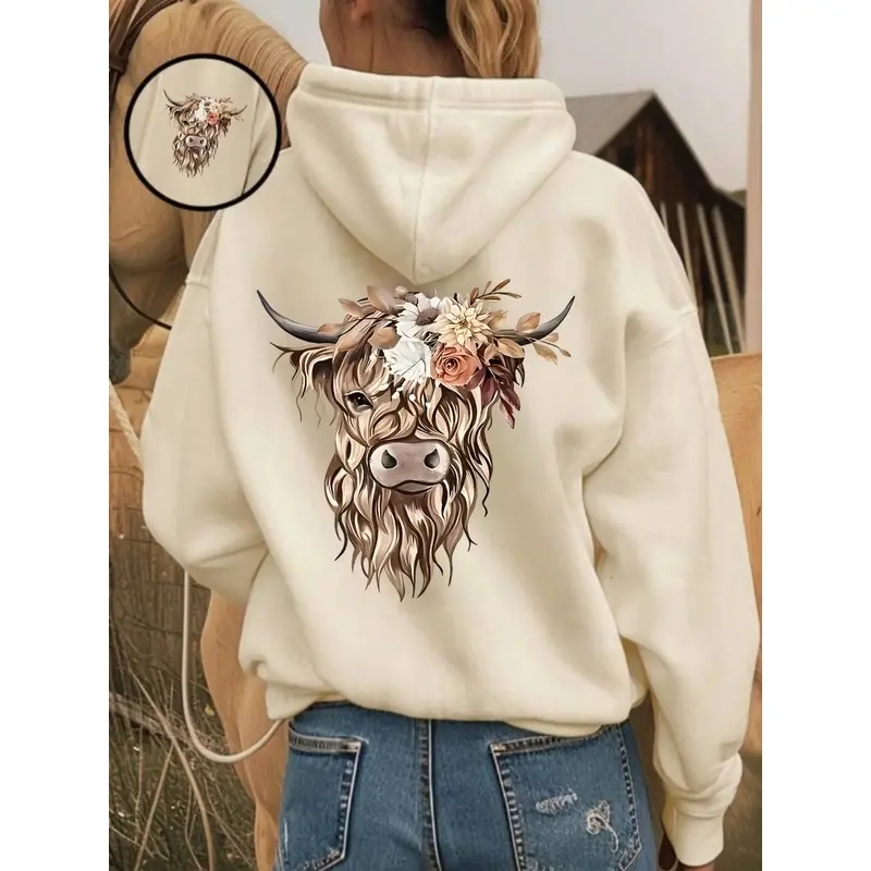 Unisex Highland Cow Floral Graphic Hoodie, Retro Country Style Long Sleeve Baggy, Oversize Fit Pullover Sweatshirt with Floral Cow Print, Casual Wear, Ideal for Farm Life & Casual Outings, Gift for Animal Aesthetic & Vintage Fans, Garment