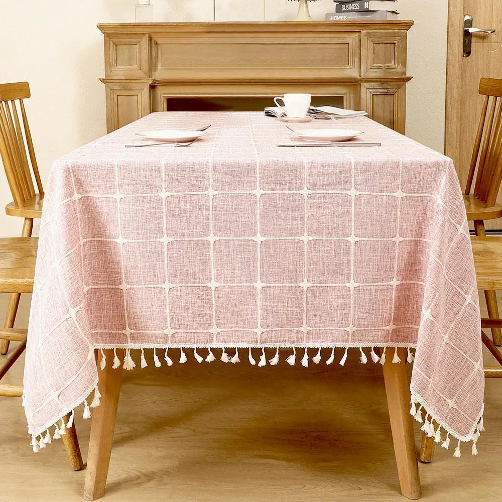 Cotton Linen Rectangular Table Cover with Boho Tassel, Wrinkle-Proof & Easy Care, Elegant Farmhouse Style for Kitchen, Dining Room, Outdoor BBQ - Multiple Sizes