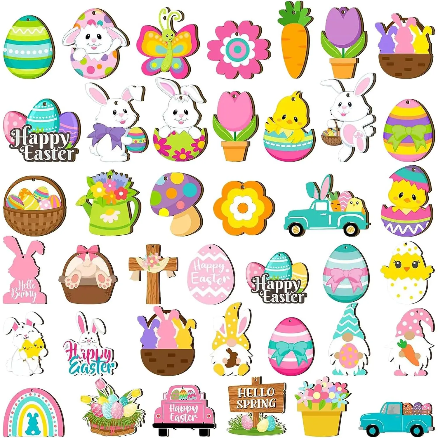 40 count Easter  Ornaments: Wooden Bunny, Egg, Carrot, , Basket Decorations with String for Easter Party