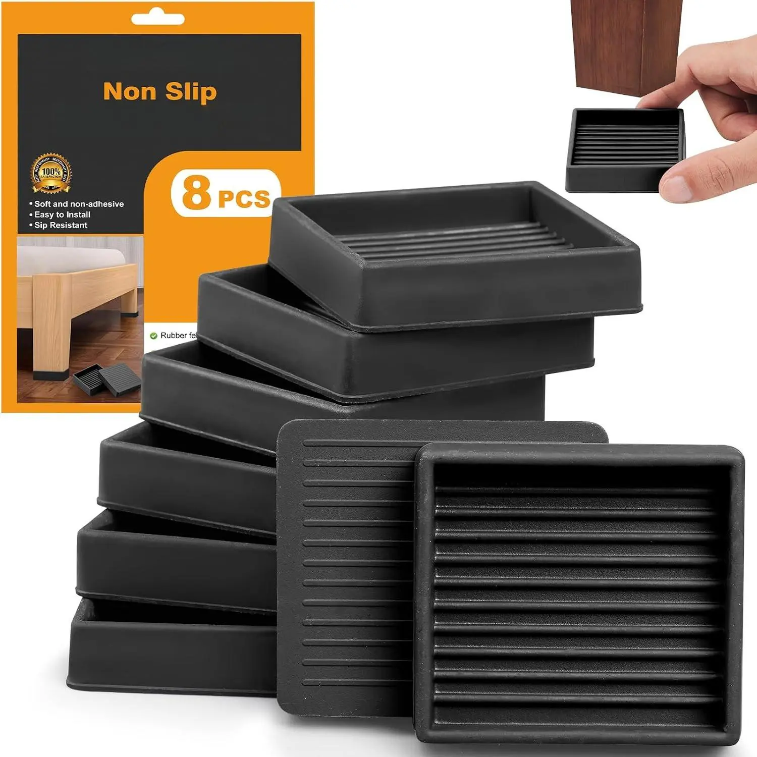 Non Slip Rubber Furniture Pads 2 inch 8 count, Couch Bed Stoppers to  Sliding, Furniture Coasters, Non Skid Furniture Grippers for Hardwood Floors Black Square