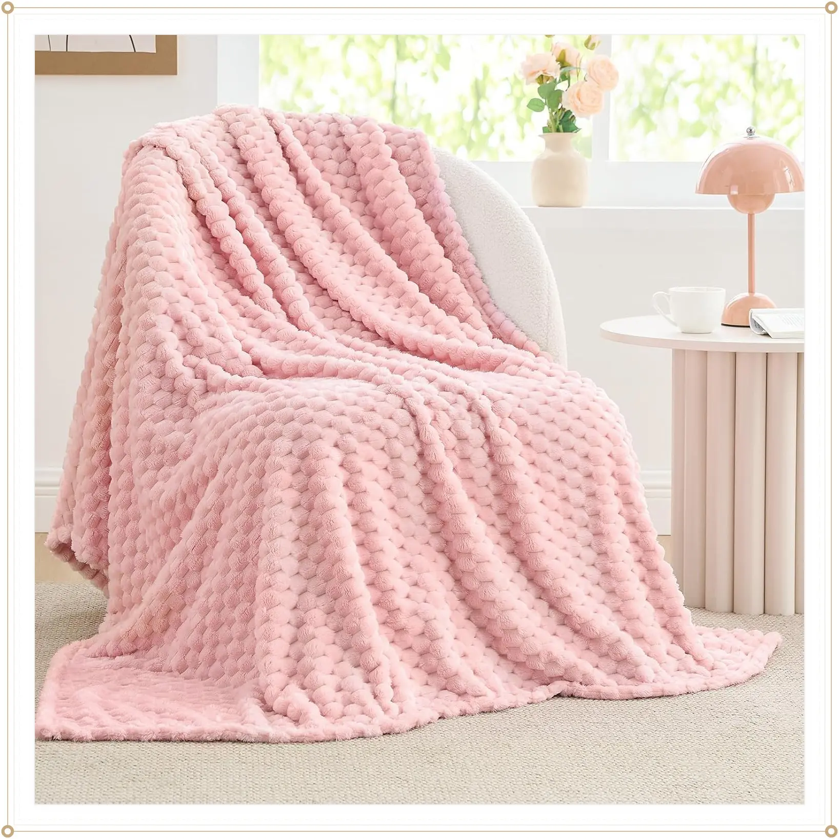 Pink Large 50x70 Throw Blanket for Couch, 3D Jacquard Decorative Fleece, Super Soft Plush, Cozy All-Season Gift for Women & MenGift