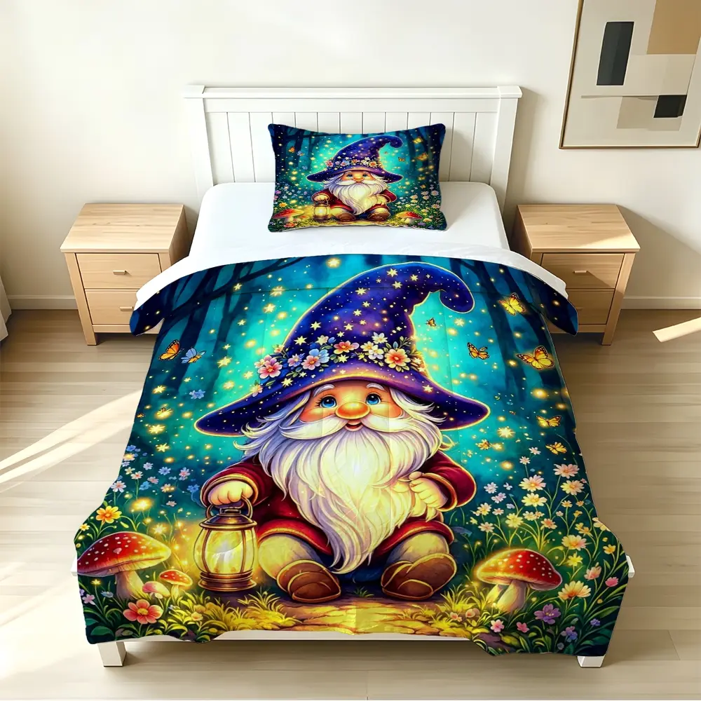 2/3pcs (1 comforter + 2 pillowcases) Microfiber Bedding Comforter Set, Soft Lightweight & Breathable, Fade-resistant All Season Use, Enchanted Forest Gnome Pattern Bedding, Easy Care Durable Fabric for Bedroom Dorm Home, (comforter insert included,