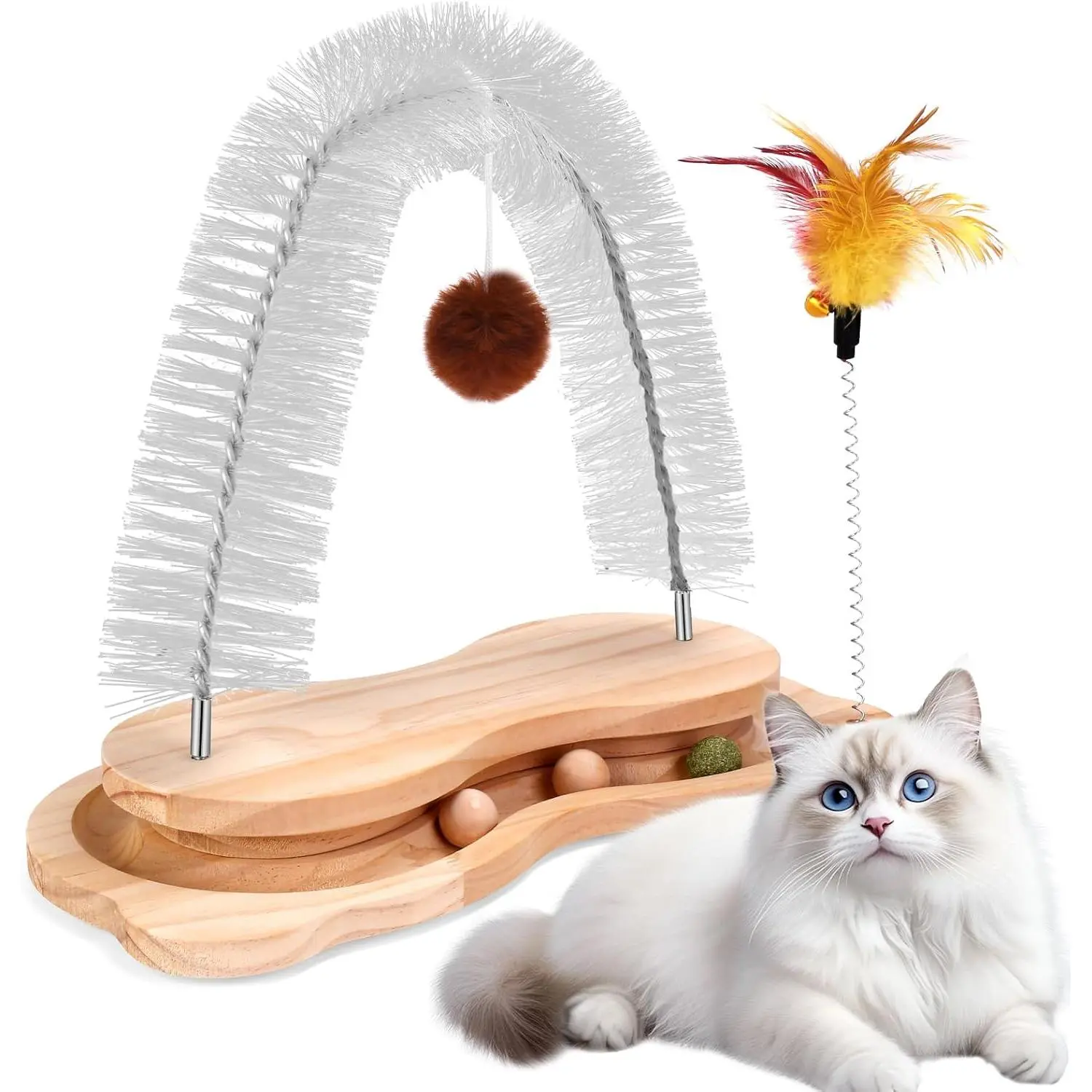 Cat Self Groomer, Cat Grooming Brush Scratcher Massager Arch for Indoor Cats Face Back Scratcher Rubbing Post Corner Brush w/ Kitten Interactive Catnip Ball Track Toy for Chasing Hunting Exercise