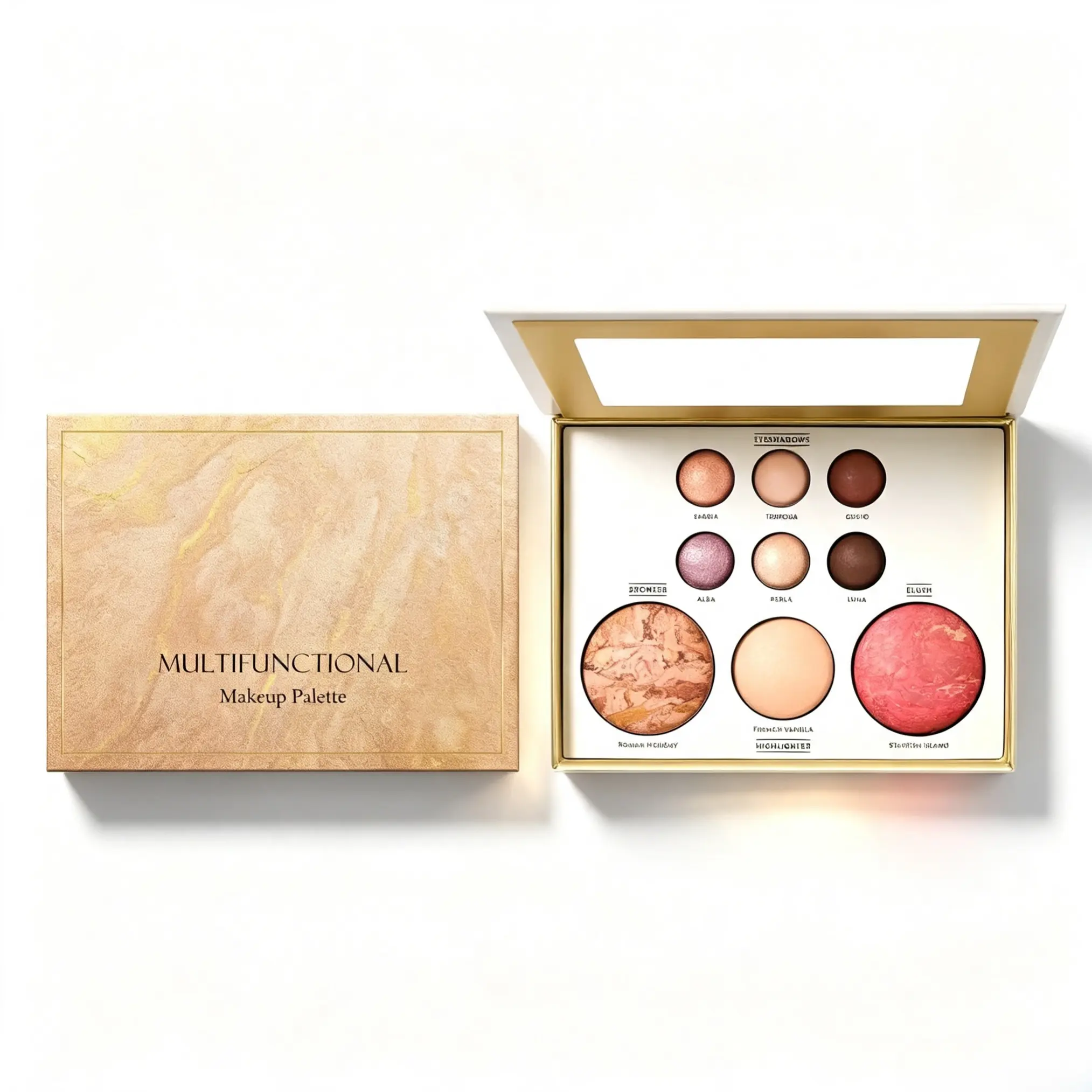 Duo Brown Multi-Functional Powder Makeup Palette Set, All-In-1 Facial Cosmetic Kit with Gilded Eyeshadow, Contour, Blush, Highlighter, Eye-Lifting Shades for Daily Use