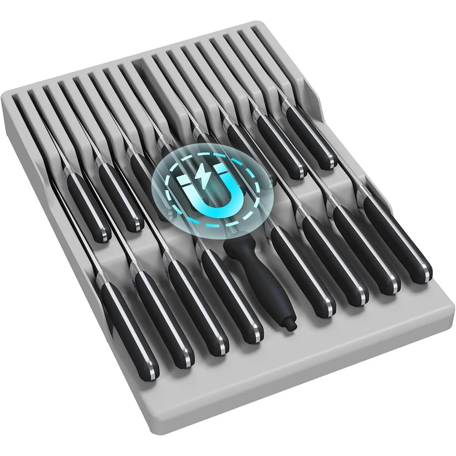 Magnetic Drawer Knife Organizers Insert, Kitchen Plastic In Drawer Knife Block Slots, Steak Chefs Knives Holder Storage for 16 Knives and 1 Sharpening Steel, Extra Large, Gray, 16.5"/42 cm(W)