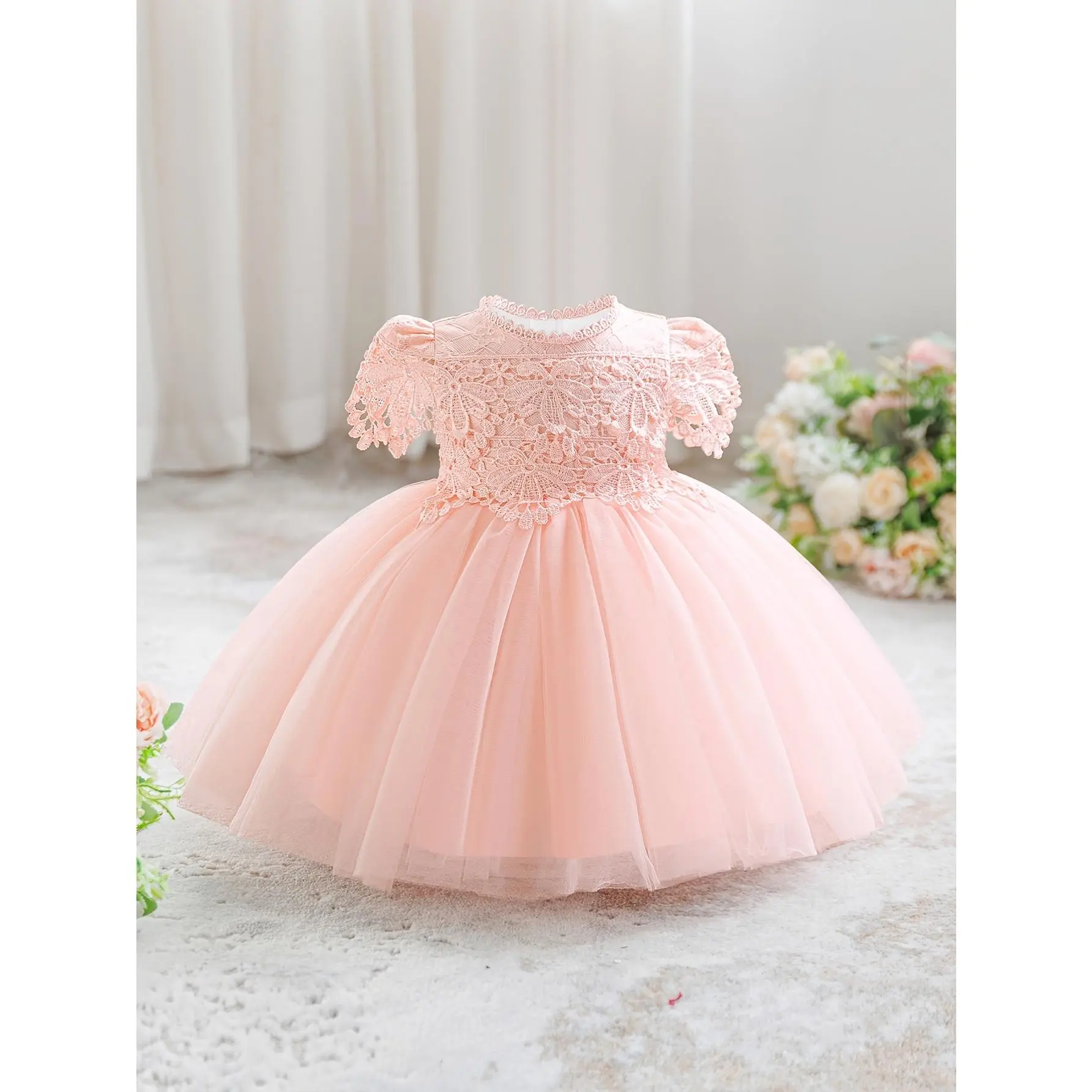 New Girls' White Baptismal Gown, Infant And Toddler First Birthday Party Princess Dress, Lace Flower Wedding Dress, Flower Girl Dress