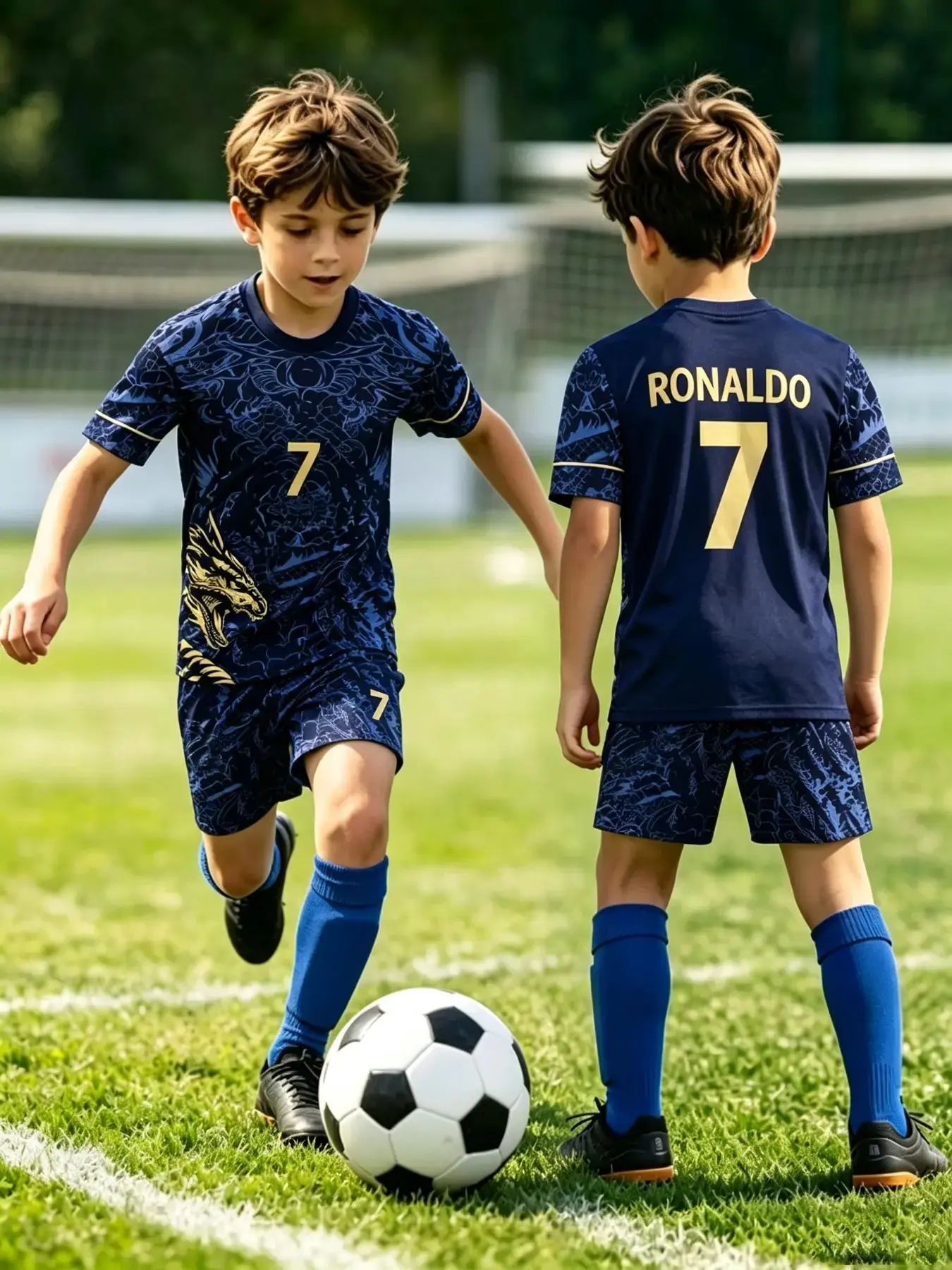 Boys' Sporty Style Football Shirt Set, Football Kits, All-Over Print Short Sleeve T-Shirt + Shorts, Casual Home & Outdoor Wear, Slim-Fit, Batch 20240828