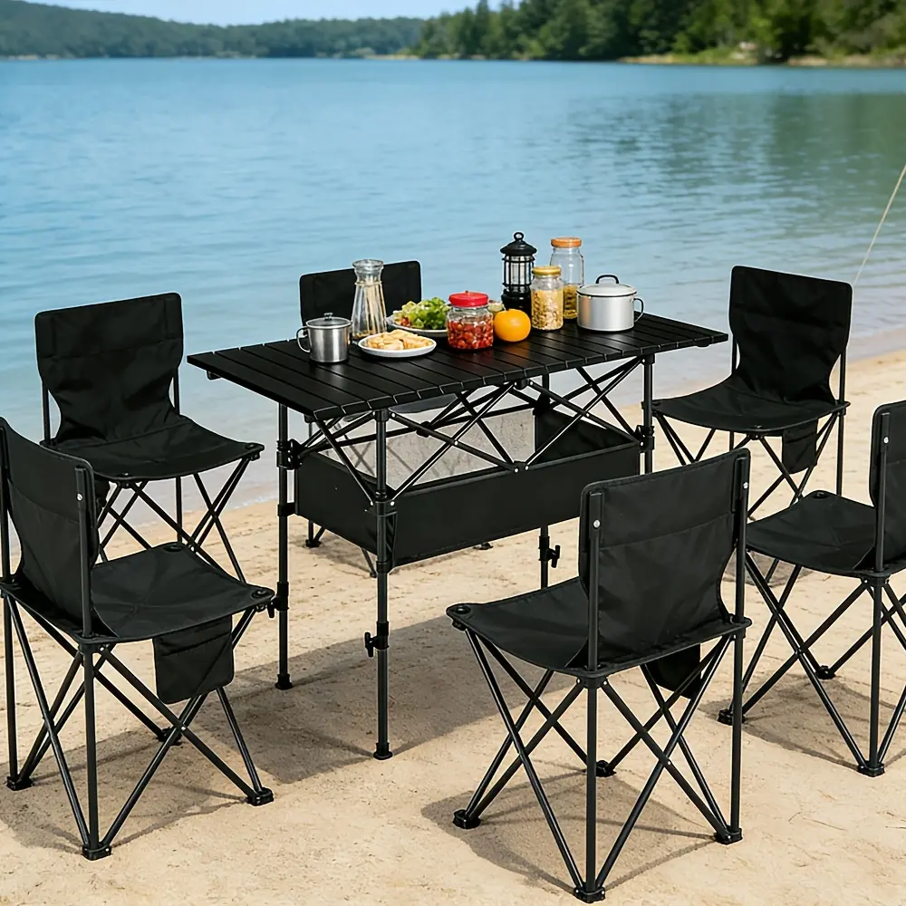Portable Height-Adjustable Folding Camping Table, 4-6 Person Outdoor Picnic Table With Carry Bag