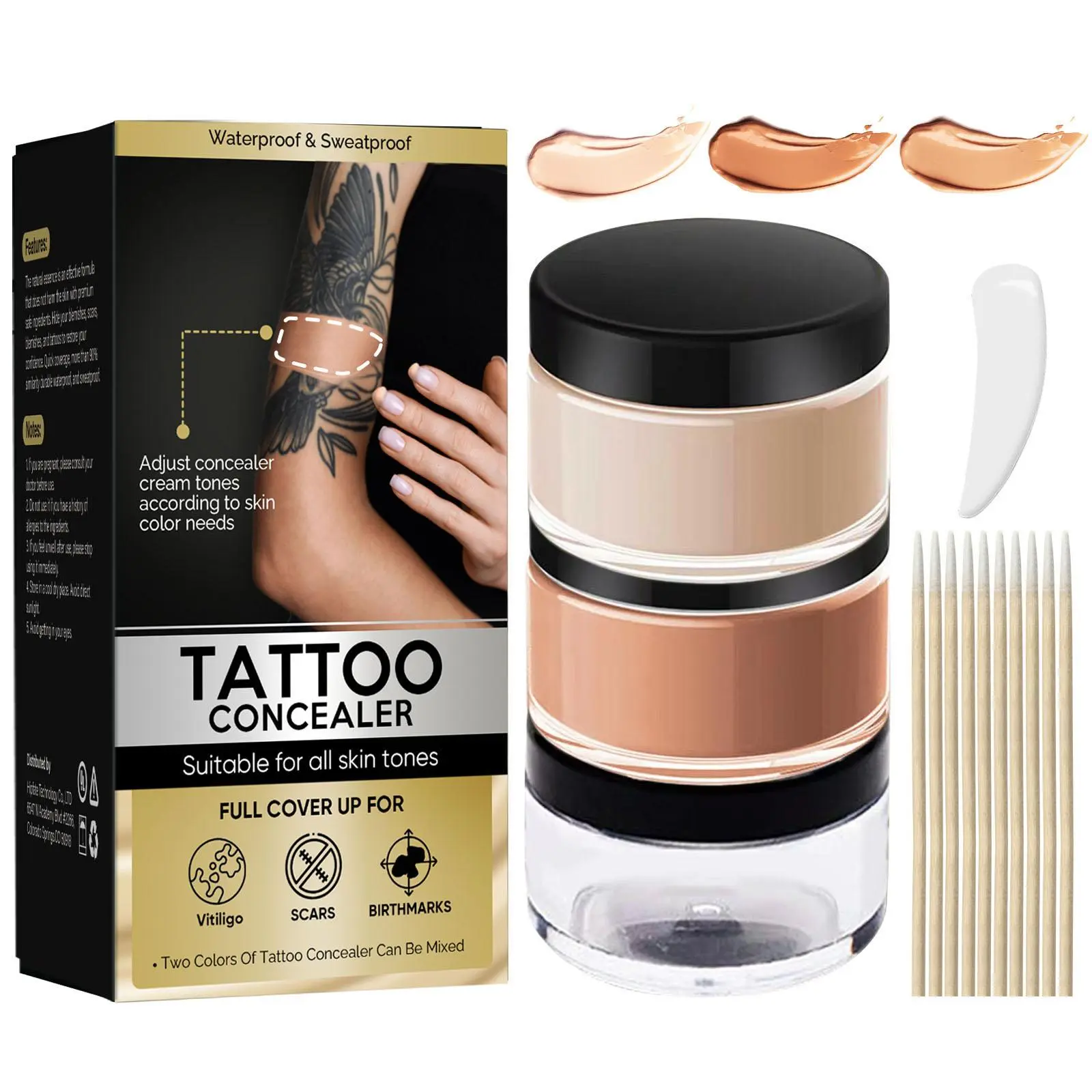 2-Tone Tattoo Cover-Up Concealer Cream, Gentle High-Coverage Cosmetic Formula for Masking Scars, Uneven Skin Spots & Discoloration, Waterproof Sweatproof Daily Body & Skin Makeup