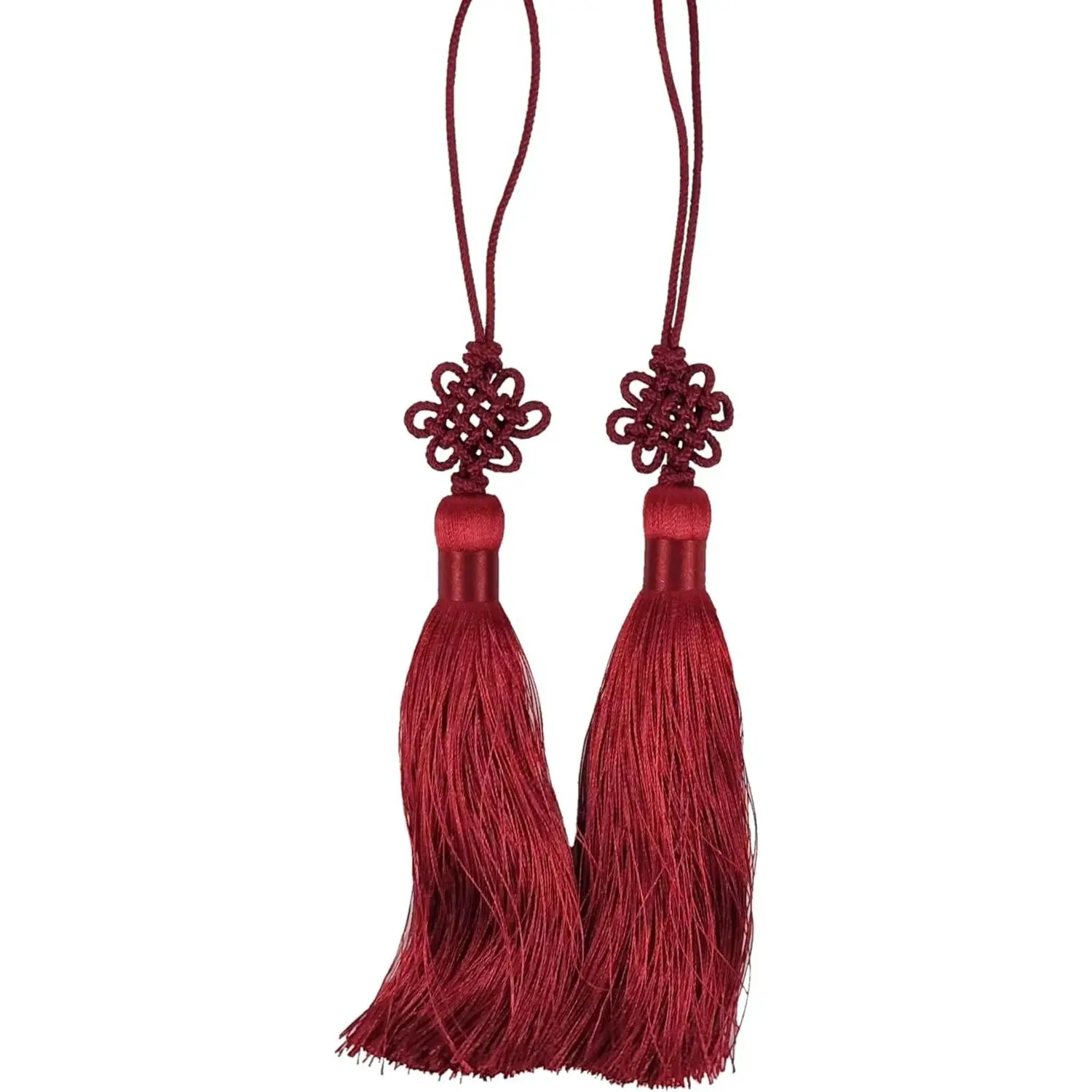 Men's Hanbok Good Luck Charm Accessories - 2-Pack Mini Korean Silk Knot Norigae Pair Set with Tassel Ends, 12 Color Options (Dark Red)
