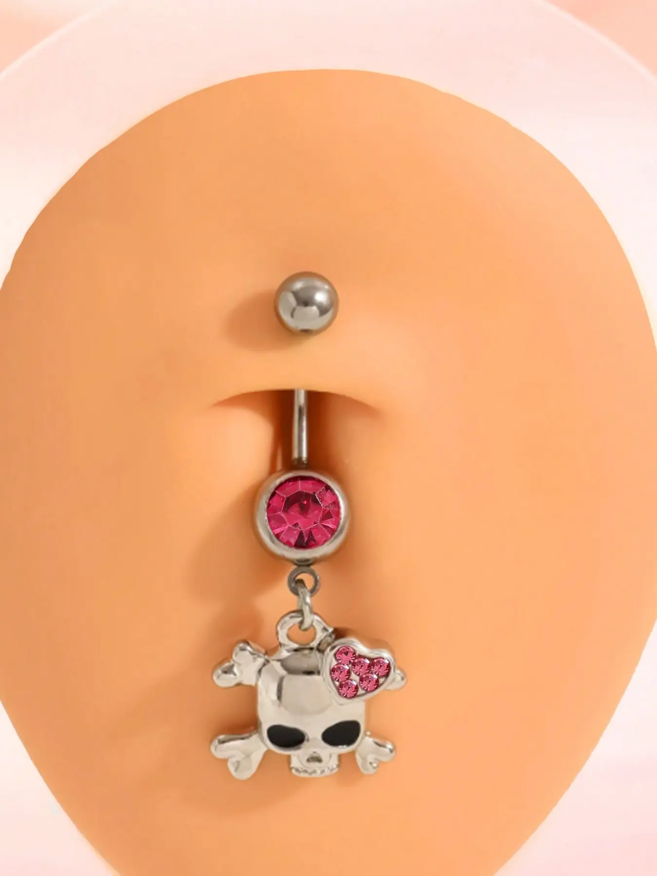 Skull Heart Belly Button Ring, Sparkling Zircon Embedded, Stainless Steel Hypoallergenic, Street Fashion Body Piercing Jewelry