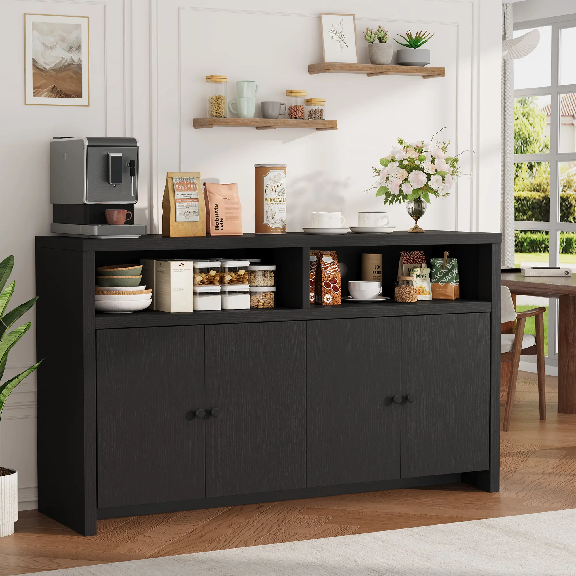 Spacious 55" Farmhouse Buffet Sideboard Cabinet – 4 Doors, Adjustable Shelves, Ample Storage – Wood Coffee Bar for Kitchen, Dining Room, Living Room – Black Embossed Finish