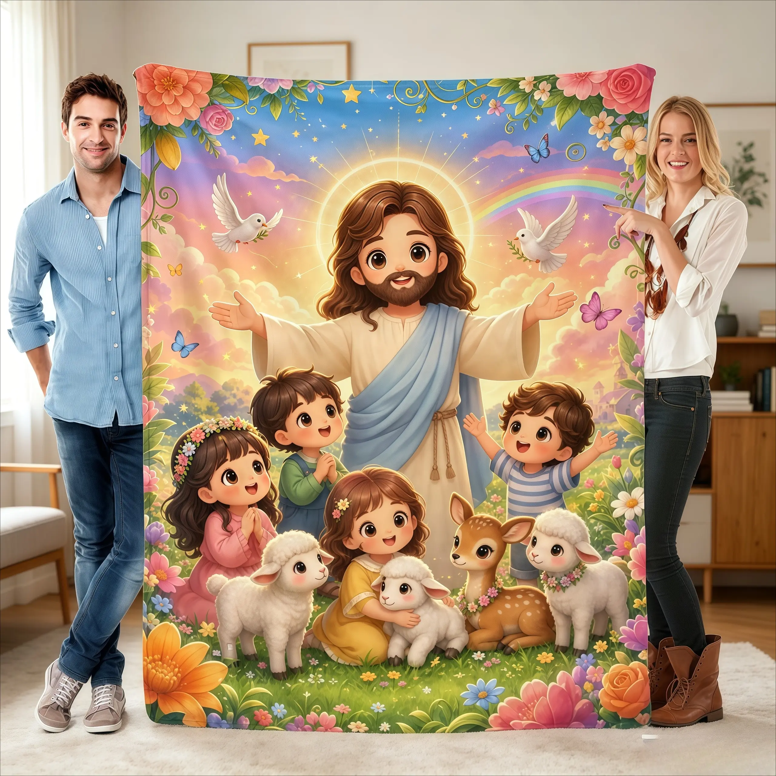 Jesus Cartoon Lamb Blanket Soft Flannel Throw Warm Cozy Lightweight for Sofa Bed Travel Office Birthday Holiday Gift