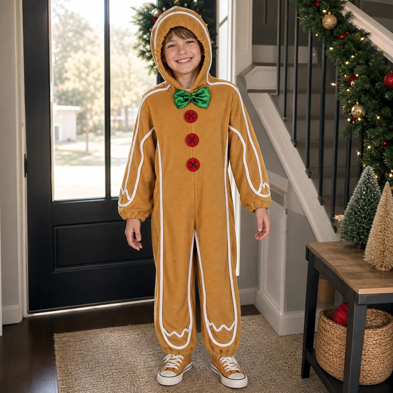 Kids' Polyester Fabric Full-Length Gingerbread Man Hooded Jumpsuit Costume with Bow Tie - Christmas Party Cosplay Outfit, Leisure Look